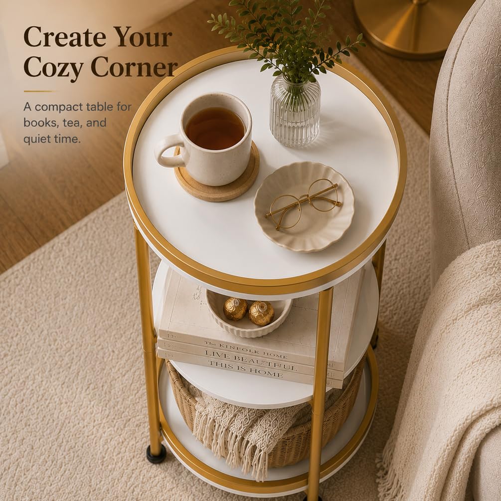 Dulcii Round Side Table with Storage Tray for Living Room, 15" L x 15" W x 24" H Bedroom Nightstand 3 Tiers Bedside Table with Steel Frame for Small Spaces (White & Gold)