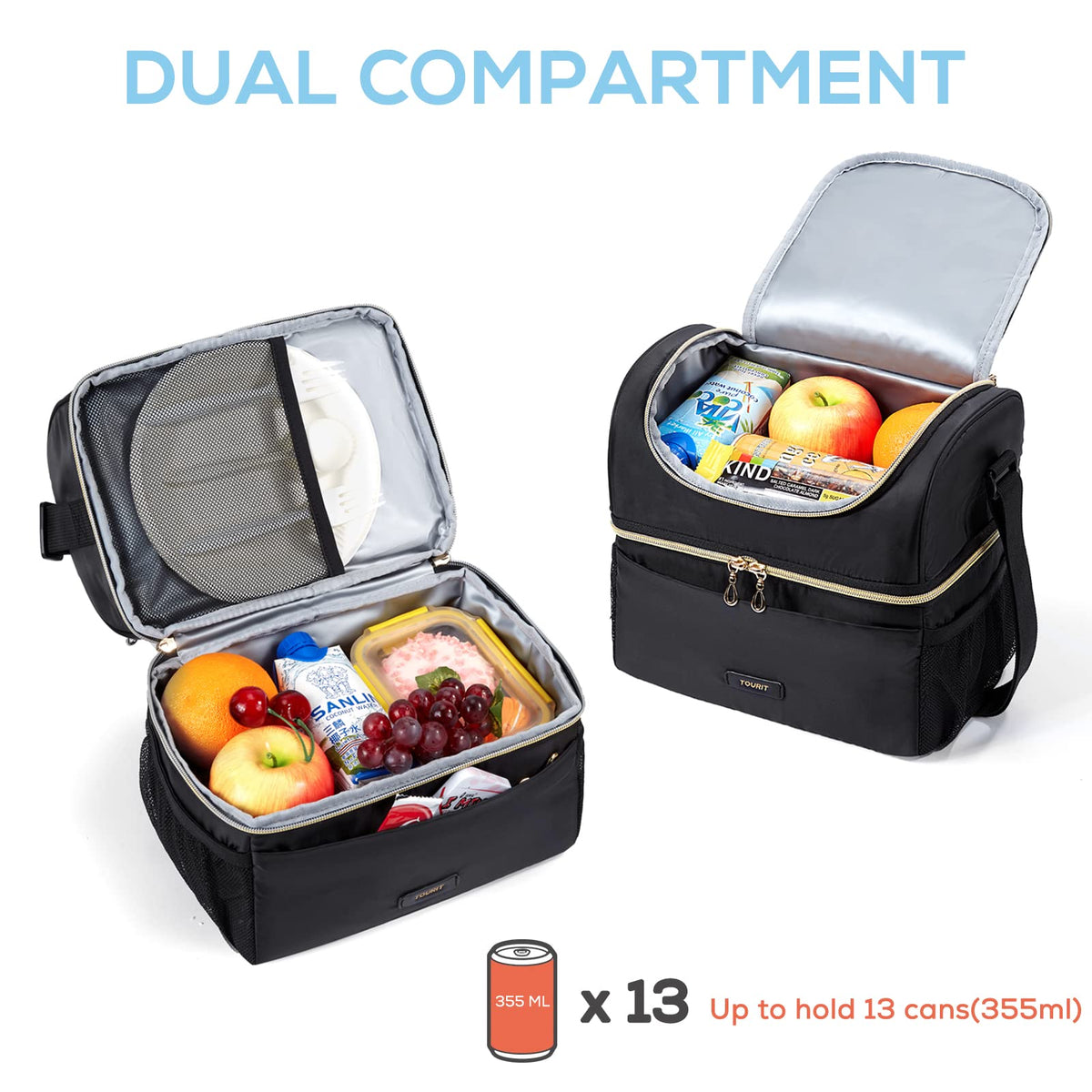 TOURIT Insulated Lunch Bag with Dual Compartment, Leakproof Cooler Tote for Work Office Picnic, Thermal Food Container Black