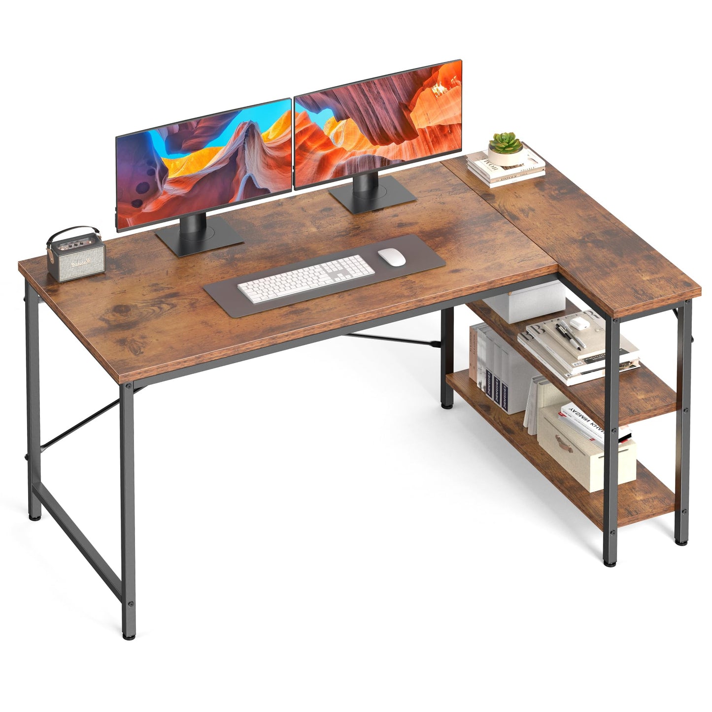 DUMOS L Shaped Desk 55 Inch Computer Desk Gaming Furniture Corner Desks Home Office PC Table with Reversible Storage Shelves for Writing Working Study Bedroom Dorm, Rustic Brown