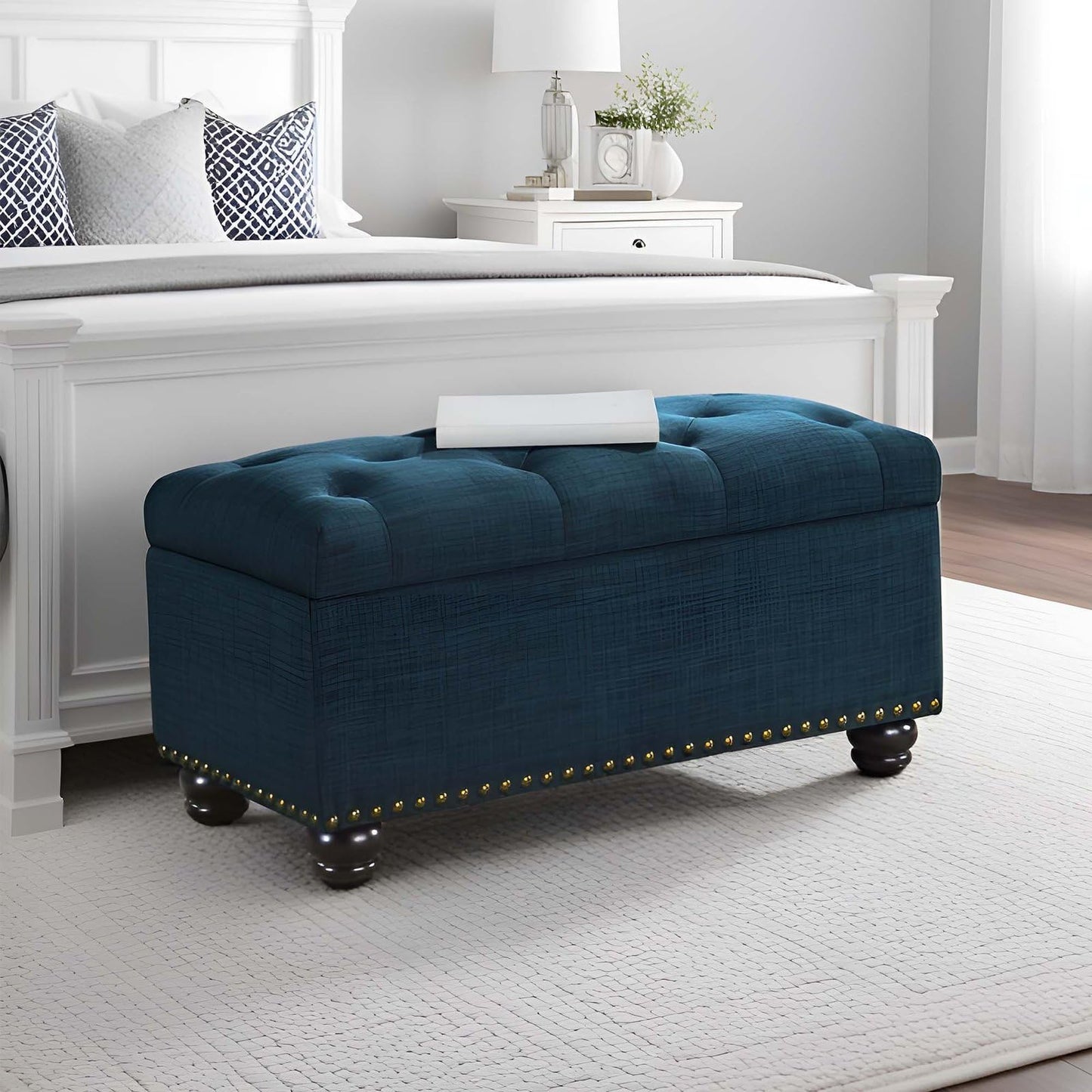 Convenience Concepts Designs4Comfort 7th Avenue Ottoman Bench 35.5" - Modern Upholstered Footstool & Seat with Hinged Lid & Storage, for Living Room, Bedroom, & Entryway, Dark Blue Fabric