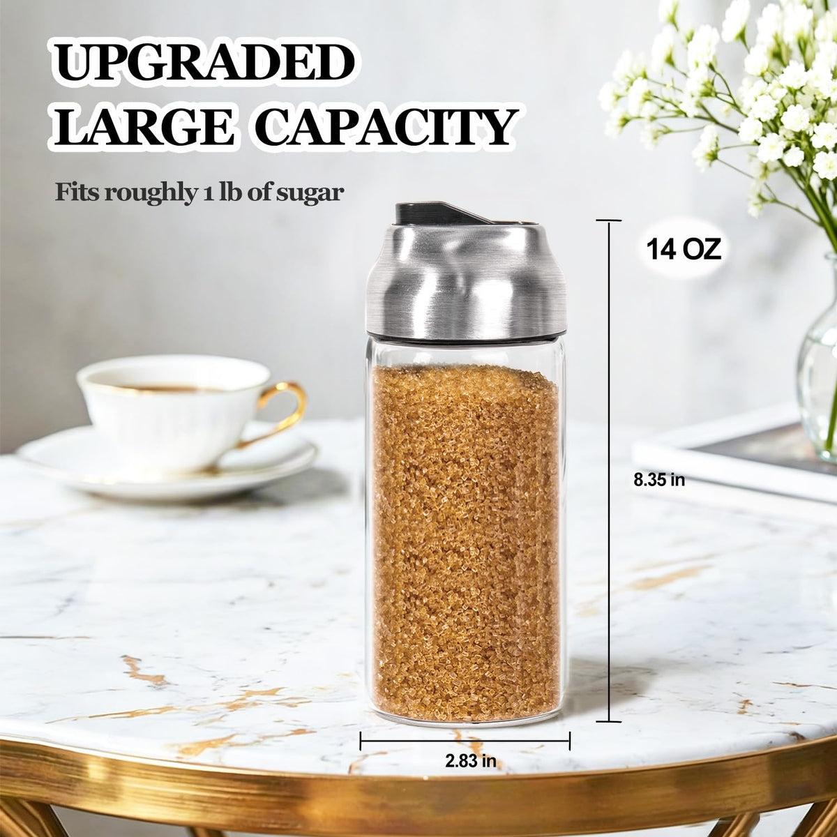 14oz Glass Sugar Dispenser with Spout - Refillable Pour Shaker for Coffee Bar, Tea Station & Table - Large Airtight Sugar Container for Kitchen Counter
