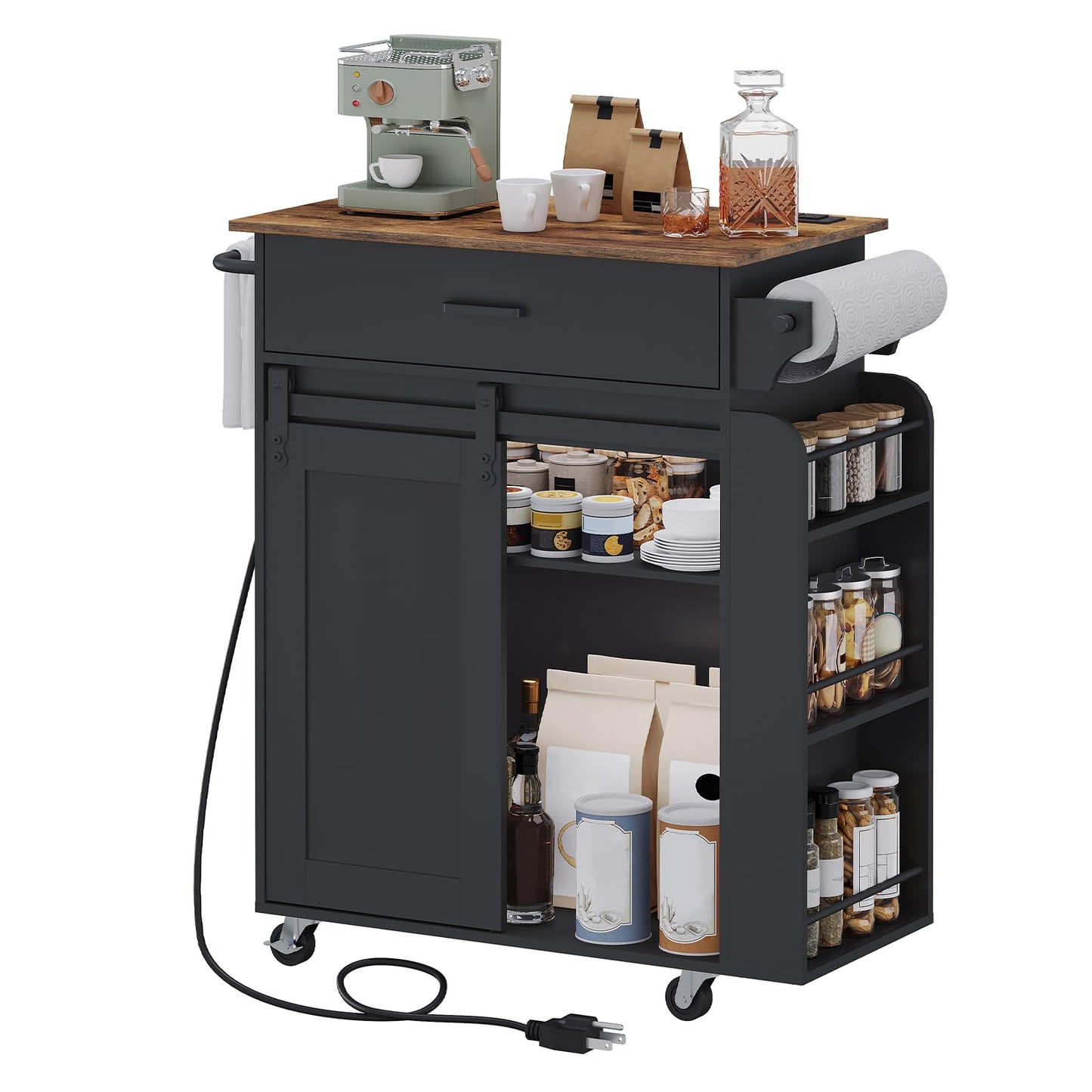 YATINEY Kitchen Island with Storage, Mobile Kitchen Cart with Charging Station, Kitchen Island on Wheels, Rolling Island Table with Sliding Cabinet Door, Black and Rustic Brown ZD01UBR