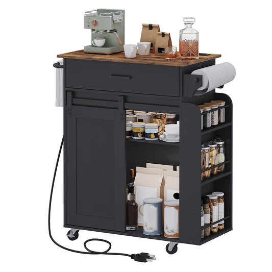 YATINEY Kitchen Island with Storage, Mobile Kitchen Cart with Charging Station, Kitchen Island on Wheels, Rolling Island Table with Sliding Cabinet Door, Black and Rustic Brown ZD01UBR