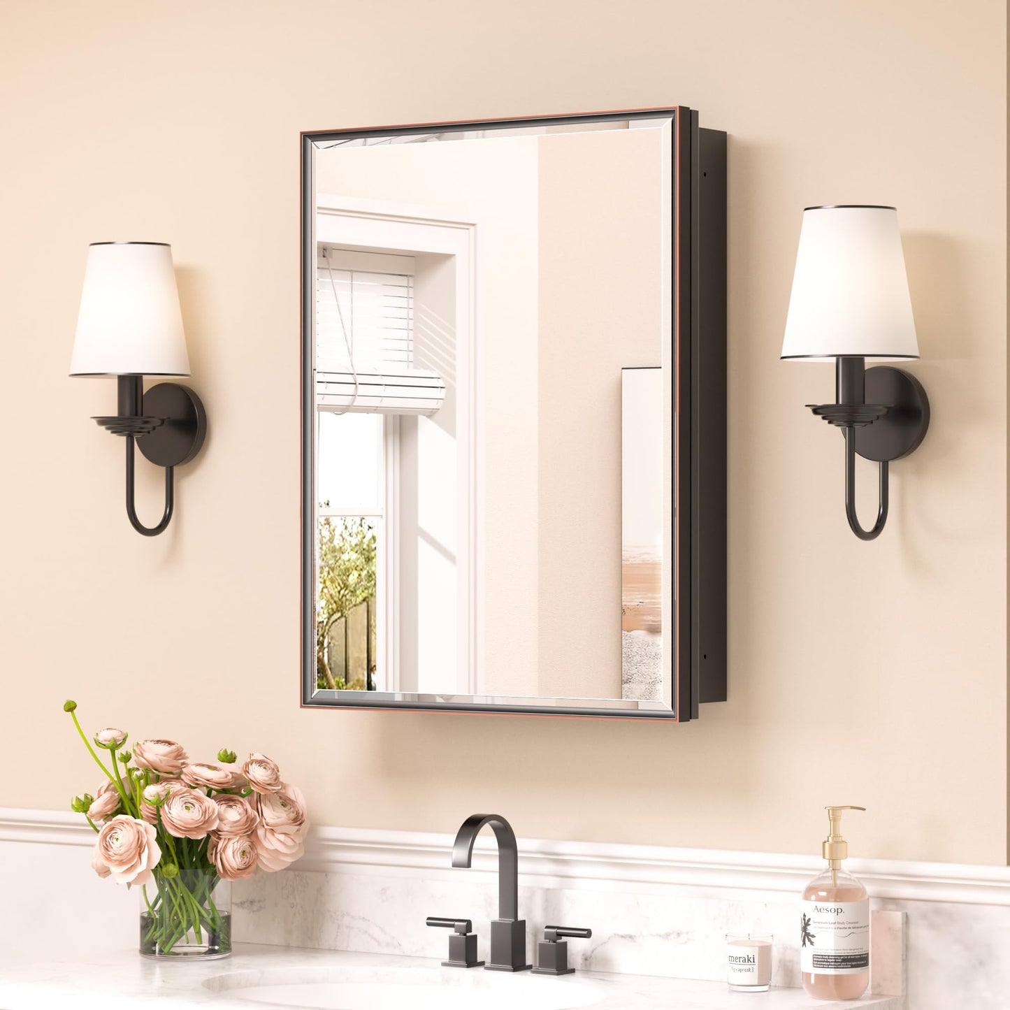 Keonjinn 20" x 26" Medicine Cabinets with Mirror for Bathroom, Oil Rubbed Bronze Bathroom Mirror with Storage, Fully Assembled, Recessed or Wall-Mounted Aluminum Alloy Framed Beveled Mirror