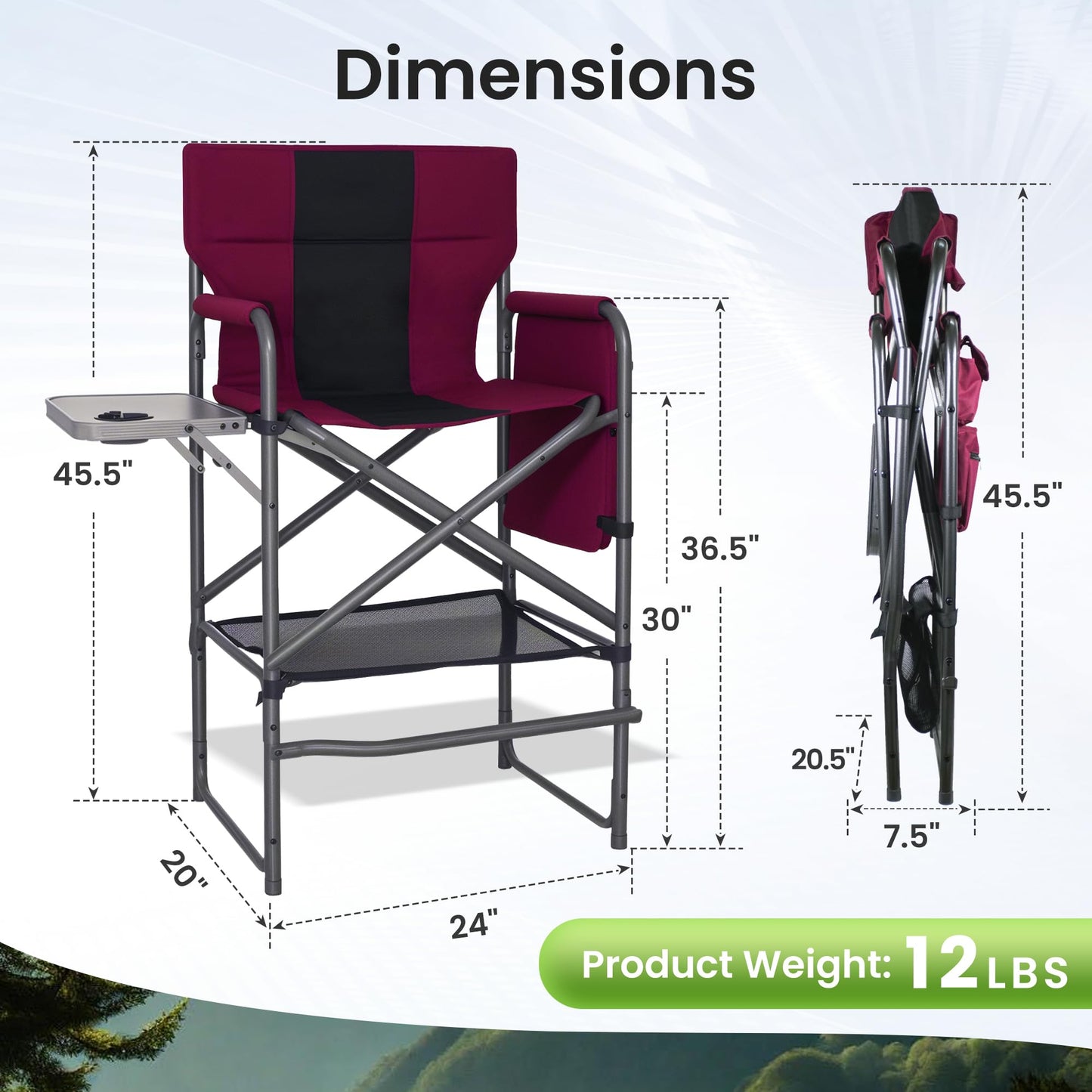 Foristrail 30" Bar Height Director Chair - 400lbs Heavy Duty with Detachable Footrest & Side Table, Portable Foldable Chair for Makeup Artists/Outdoor Events (Wine Red)