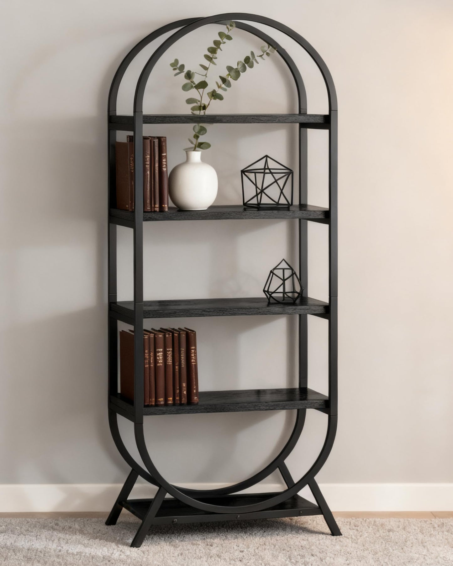 BIASUNS Arched Bookshelf,5-Tier Tall Wide Open Bookshelf,Modern Brown Storage Bookshelves, Freestanding Display Rack Shelving Unit for Office, Bedroom, Living Room, Easy Assembly, Black