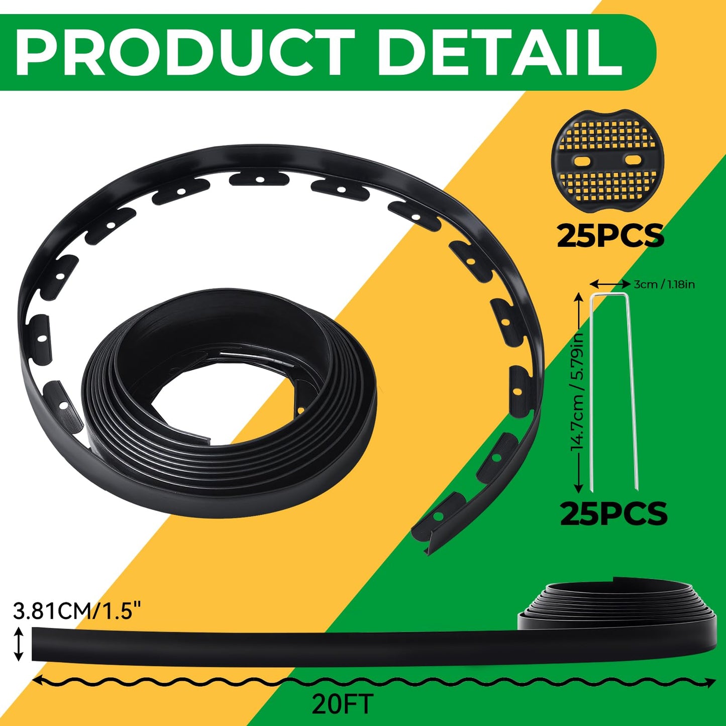 GOTGELIF No Dig Landscape Edging Border, 1.5 in x 20 FT Heavy Duty Garden Edging Kit - Includes 25 U-Shaped Stakes, Flexible Border for Lawns, Flower Beds, Patio & Walkways