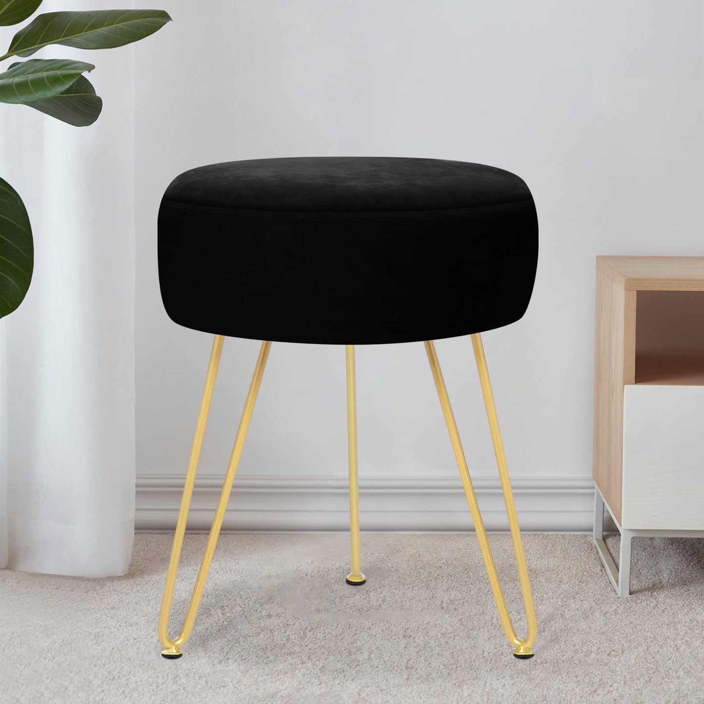 YOONIC Velvet Soft Modern Vanity Footstool -Round Footrest Stool Ottoman Side Table Seat Dressing with Golden Metal Leg and Sponge Filling,Upholstered Foot Rest, for Living Room and Bedroom Black