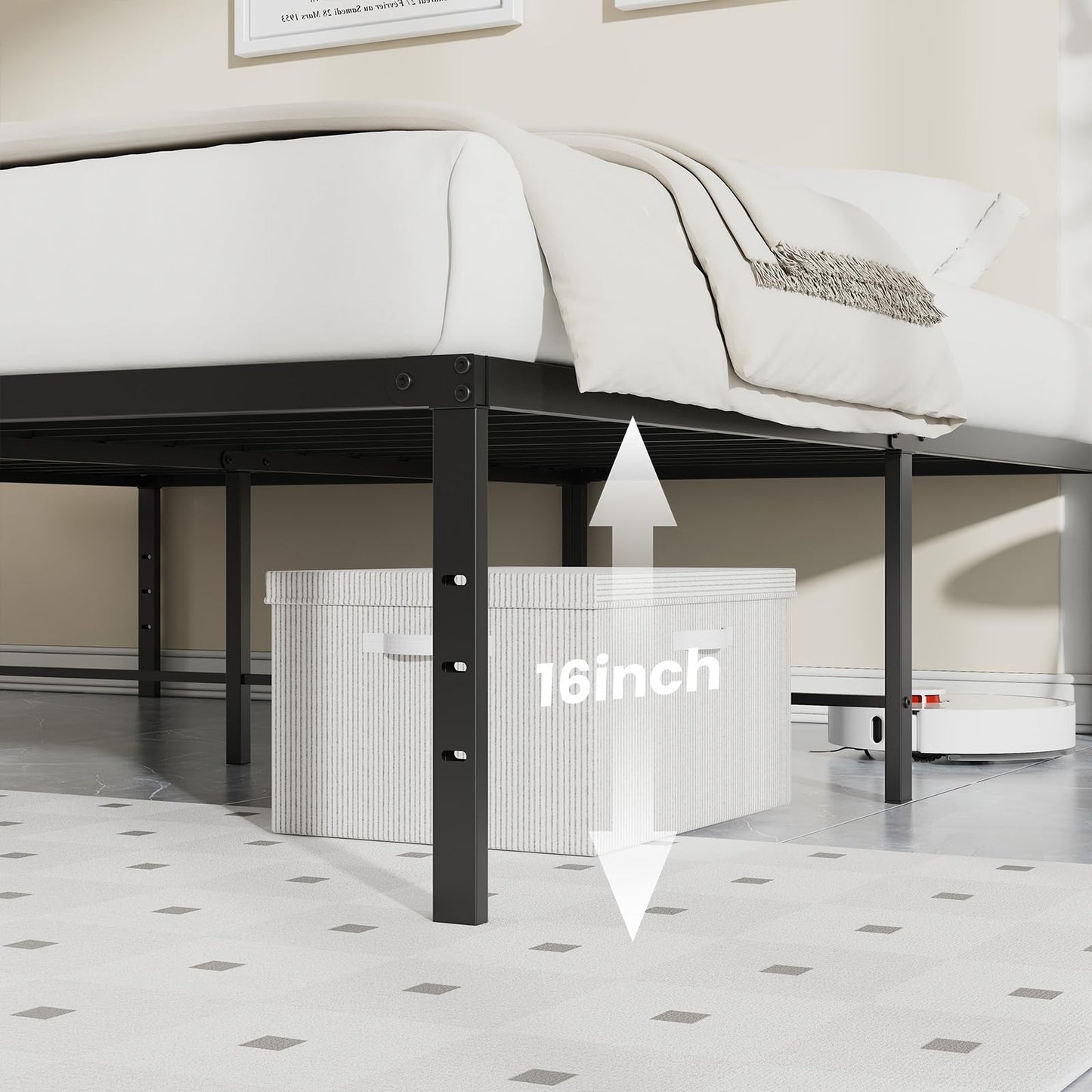 DUMOS Twin XL Size 16 Inch Bed Frame - Metal Platform Bed Frame Mattress Foundation with Steel Slat Support, No Box Spring Needed, Storage Space Under Base, Easy Assembly, Black