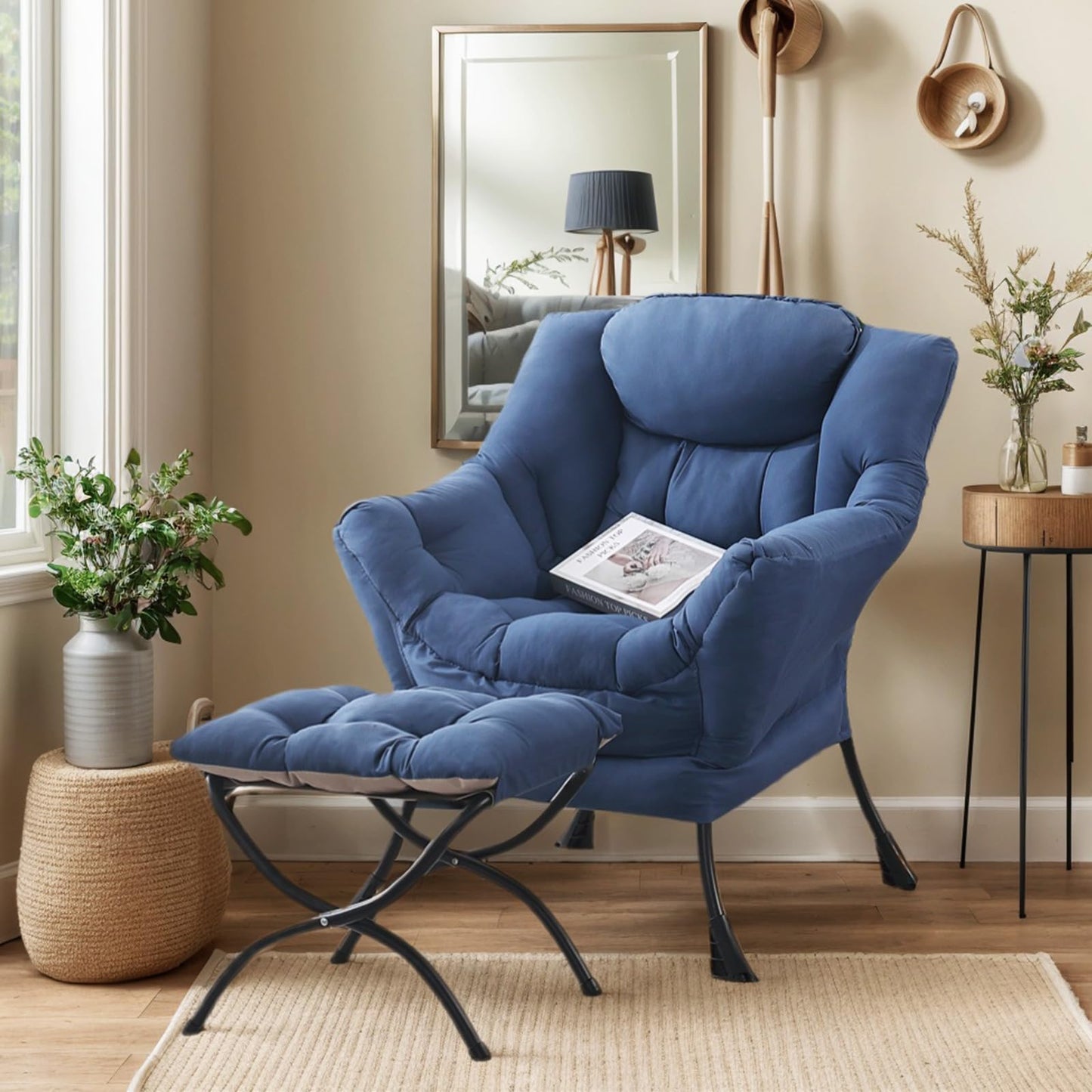 HomEastlly Lazy Chair with Ottoman, Large Royal Blue Accent Chair with Ottoman, Comfy Reading Armchair, Leisure Sofa Chair for Living Room, Bedroom, Dorm Room, Office