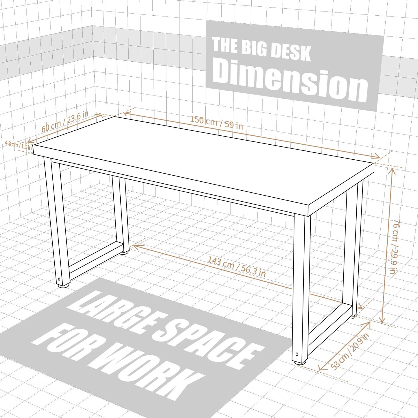 TOPSKY 59" Big Large Computer Office Desk 1.88" Thickness Desktop (White Marble Texture)