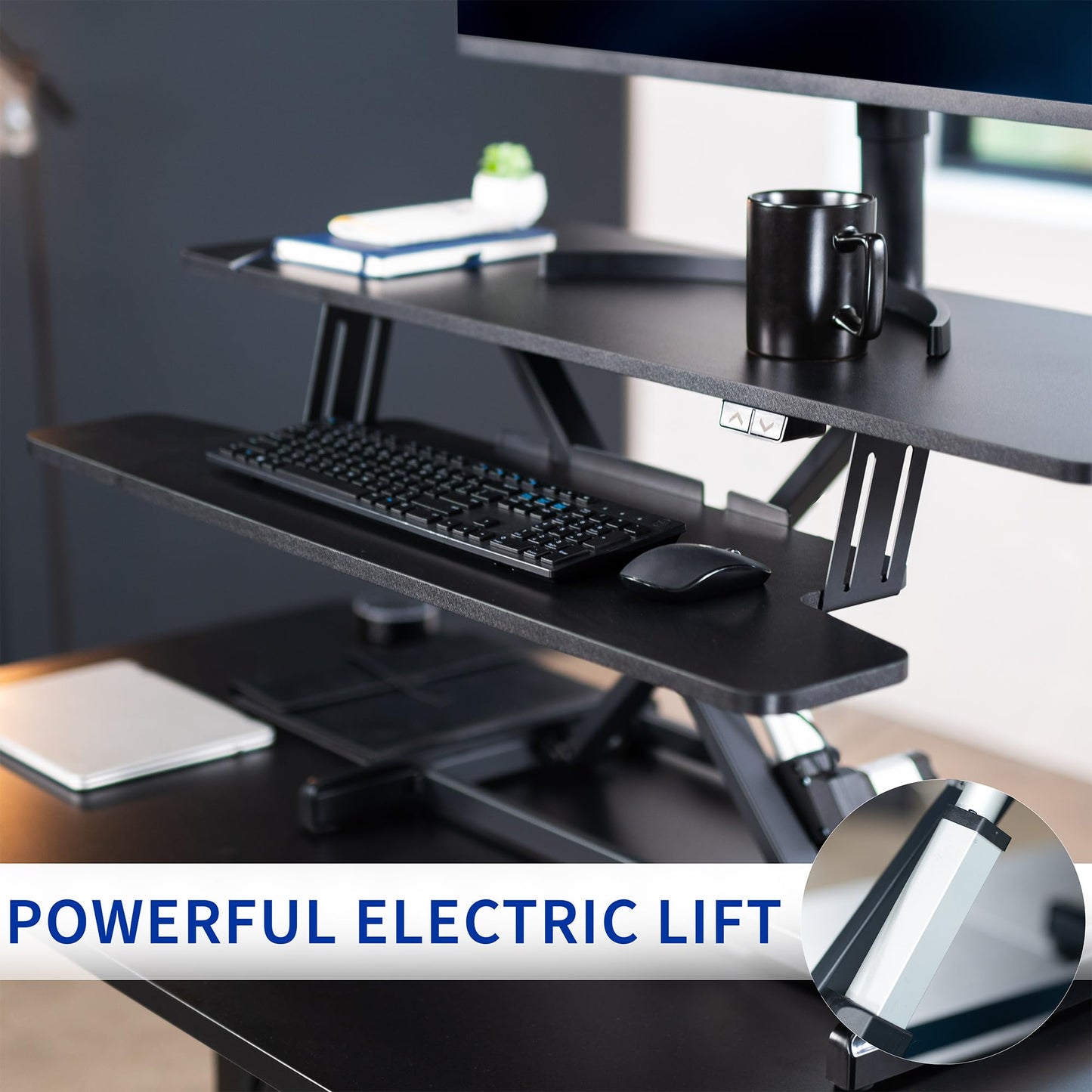 VIVO 42 inch Electric Motor Desk Converter, Height Adjustable Riser, Sit to Stand Dual Monitor and Laptop Workstation with Wide Keyboard Tray, Black, DESK-VE42B