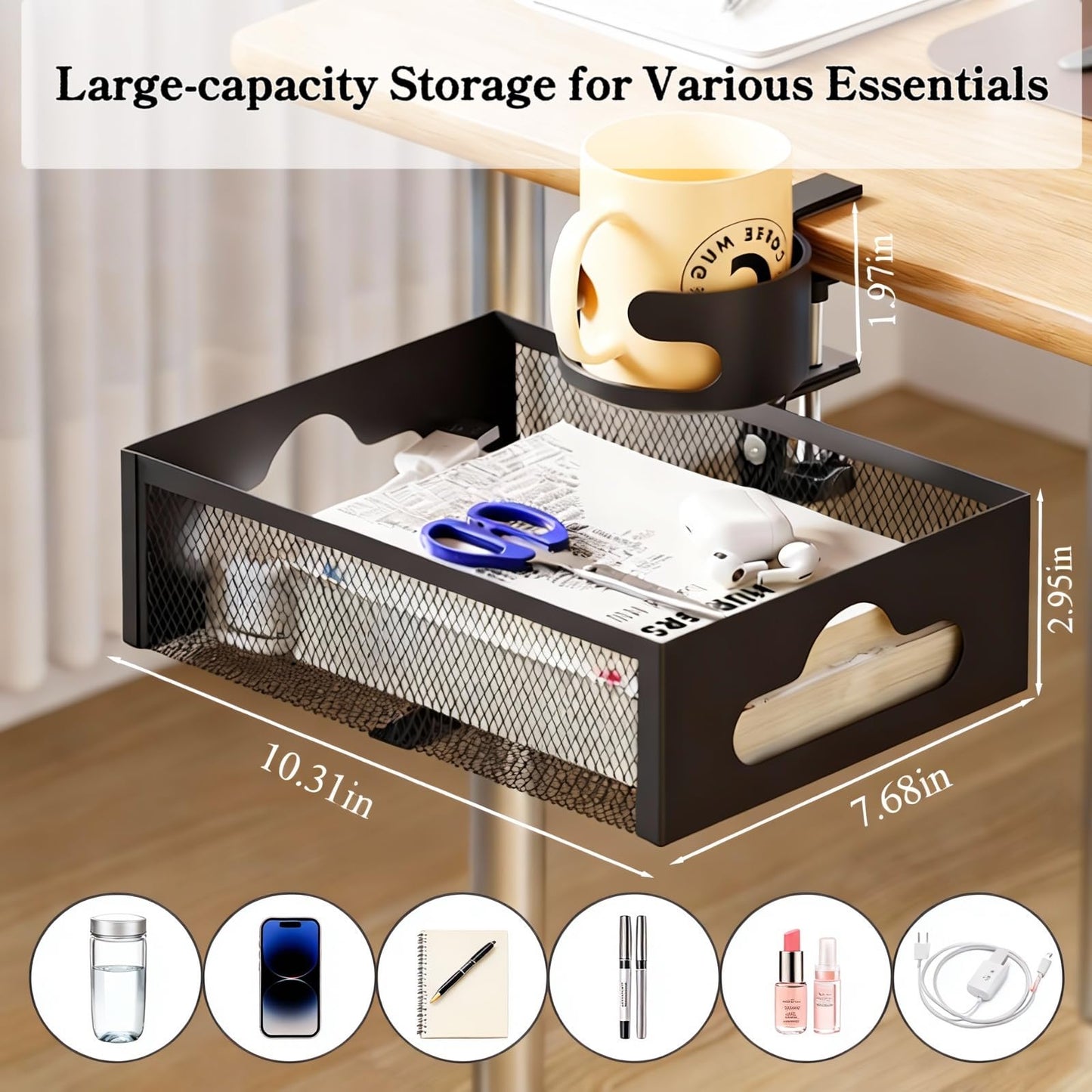 XULIONTS Clamp-On Under Desk Organizer with Cup Holder, 360° Rotating Mesh Drawer with Cable Hole, No-Drill Desk Drawer Organizer for Gaming Desk Accessories, Office Supplies, Coffee Mug, Dorm(2 in1)