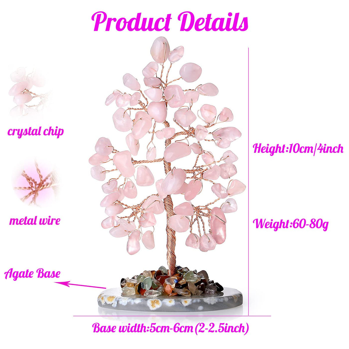 2" Rose Quartz Elephant Decor and Crystal Tree of Life Healing Crystal Cute Polished Natural Stone Hand-Carved Statue Figurines Energy Hippie Home Room Office Desk Decoration Gifts for Women Men