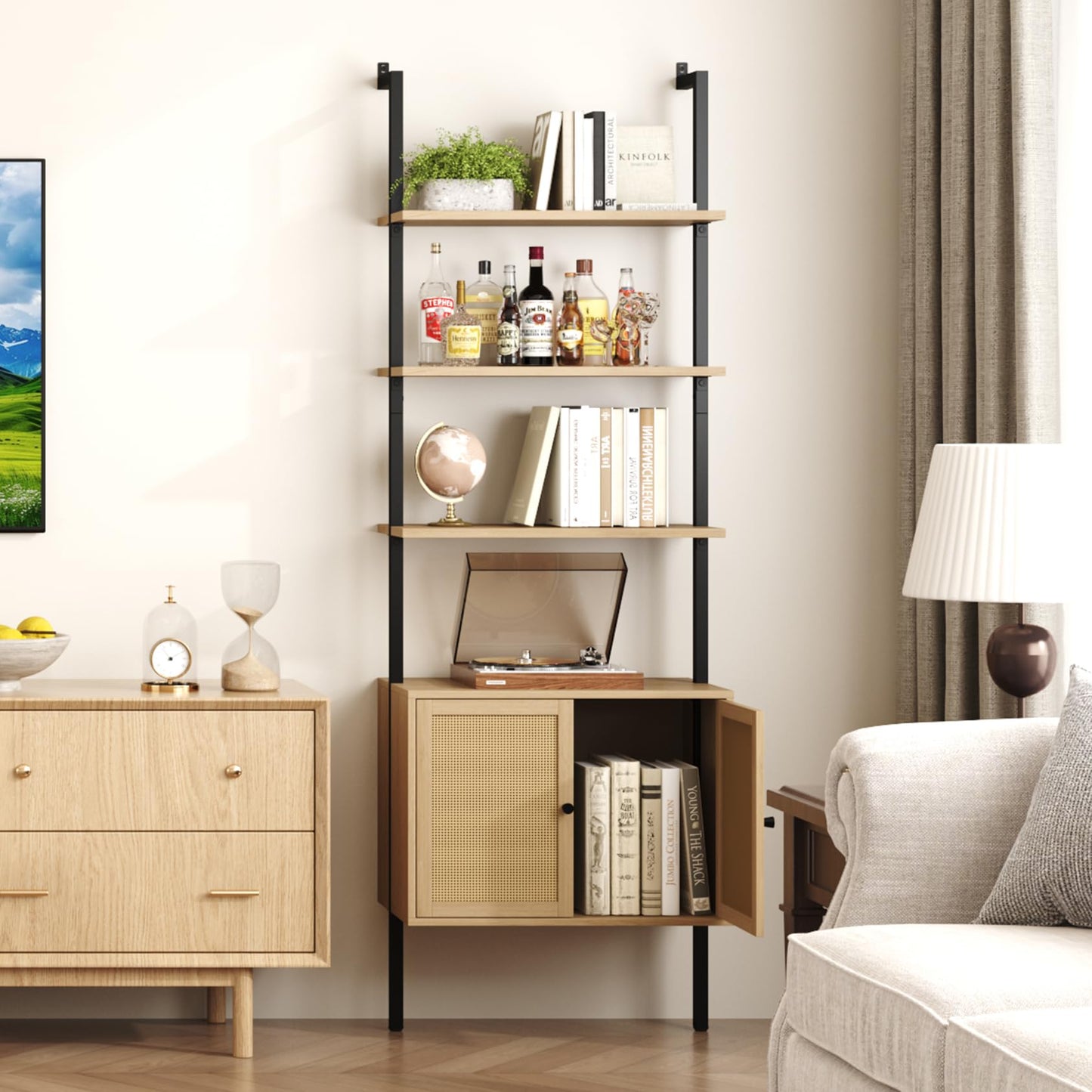 Yusong 73" Tall Bookshelf with Cabinet, Industrial Ladder Wall Mount Shelf Rattan Bookcase with Wood and Metal Frame, Plant Shelf Wall Storage Display for Living Room Bedroom,Light Ivory Brown