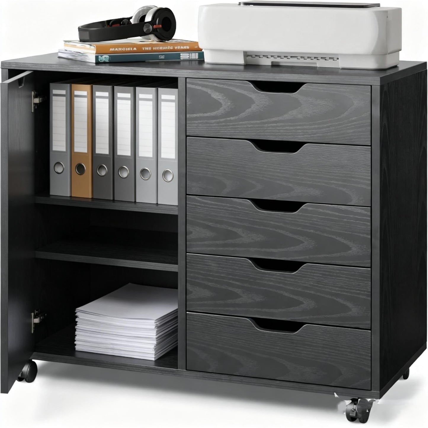 5-Drawer Wood Drawer Cabinet, Office Storage Cabinet with Adjustable Shelf & Wheels, Printer Stand for Home Office, Black, 15.7" D x 30.7" W x 25.4" H