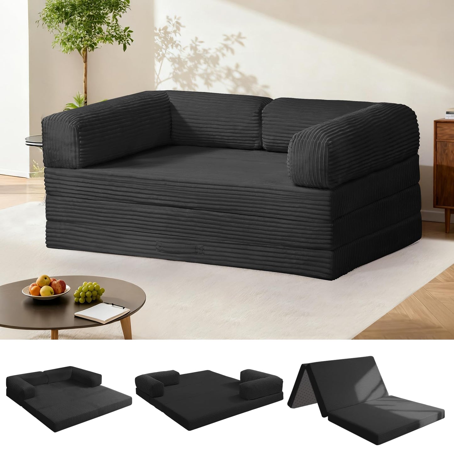 AOLVDOW Tri-Fold Foldable Mattress, Convertible Folding Sofa Bed with Removable Arms & Washable Cover, All-in-One Portable Mattress Floor Sofa Bed, No Assembly Required & Non-Slip, Full Size, Black