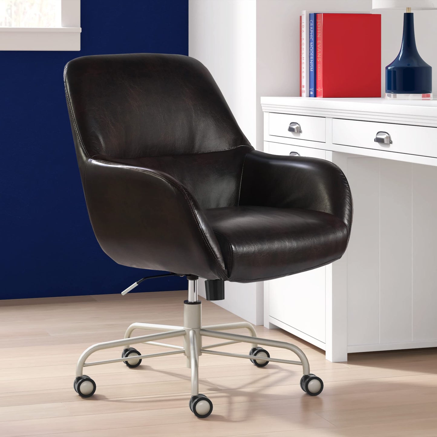 Tommy Hilfiger Forester Luxury Bonded Leather Home Office Chair, Modern Round Swivel Accent Seating with Arms, Adjustable Height and Recline, Dark Brown