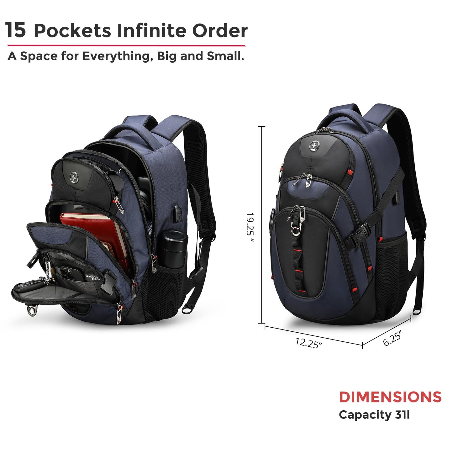 Swissdigital Design Laptop Backpack with USB Charging Port, Travel Backpack Fits 15.6 inches Computer, 31L College School Backpack for Men, Blue/Black | SD803-12