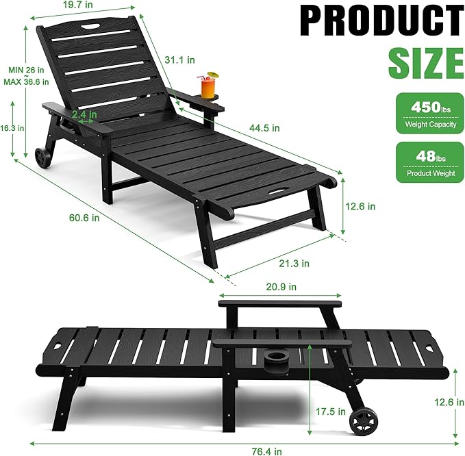 Outdoor Lounge Chair with 5-Position Adjustable, Outside Lounge Chair with Cup