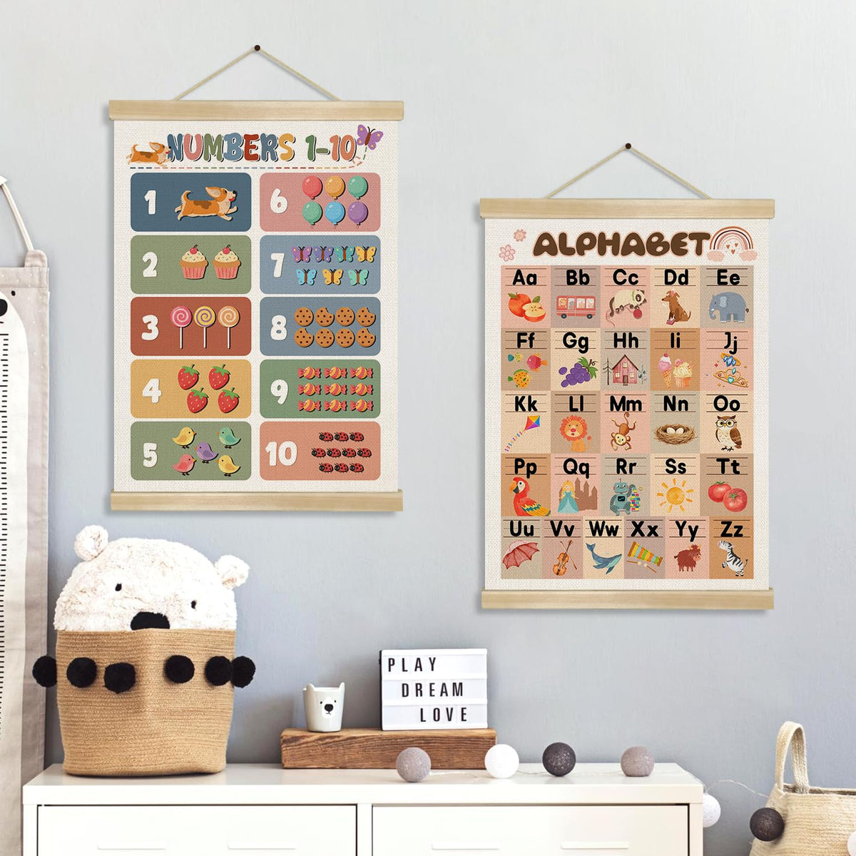 Alphabet Numbers Wall Art Poster Set of 2 ,Boho Educational Canvas Posters for Classroom,1-6 Toddlers ABC and 1-10 Numbers Learning Banner for Preschool Nursery Playroom,Kids Room Decor 14x18.5 Inch
