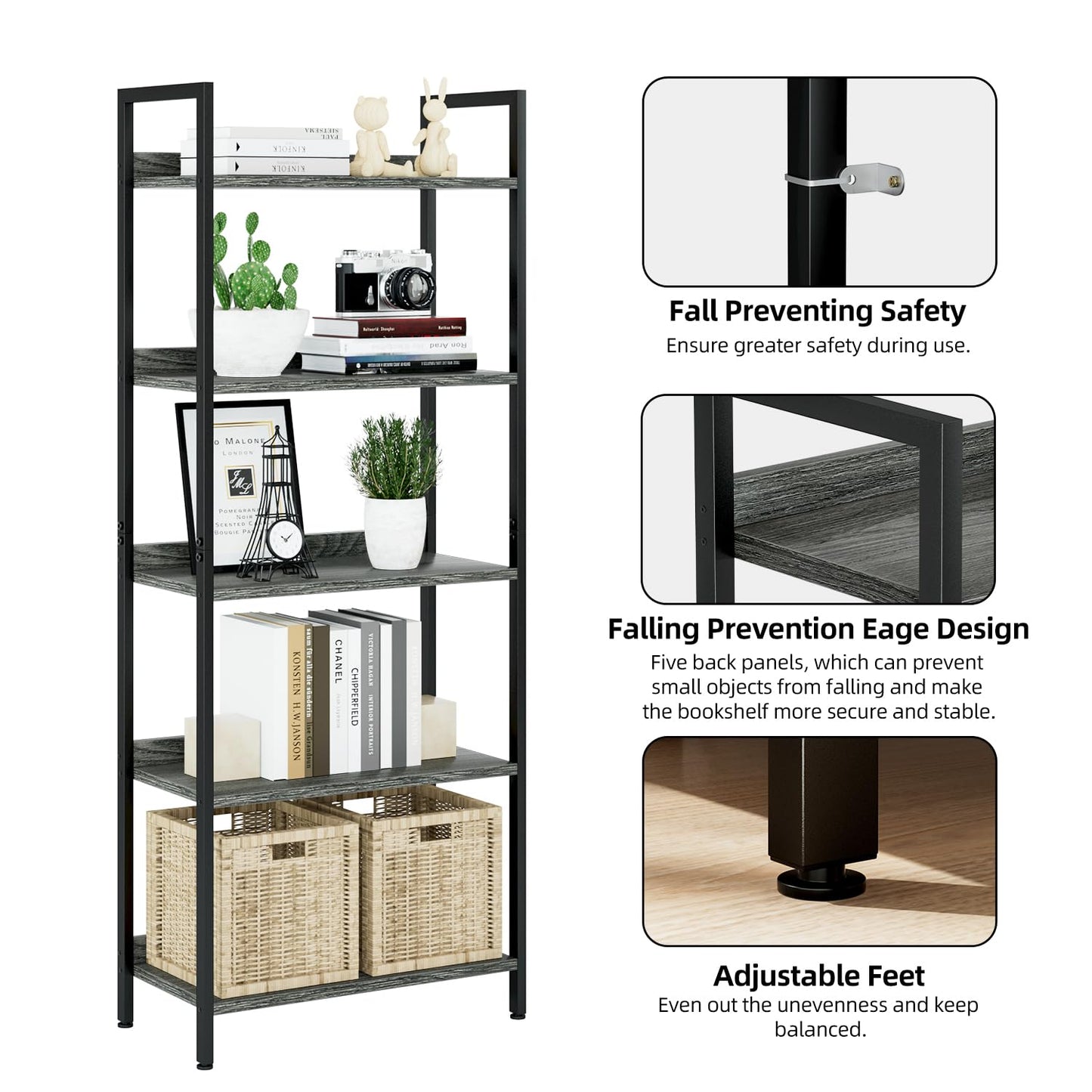 NUMENN Bookshelf, 5 Tier Bookshelves, Home Office Bookcase Shelf Storage Organizer, Free Standing Storage Shelving Unit for Bedroom, Living Room and Home Office, Dark Grey