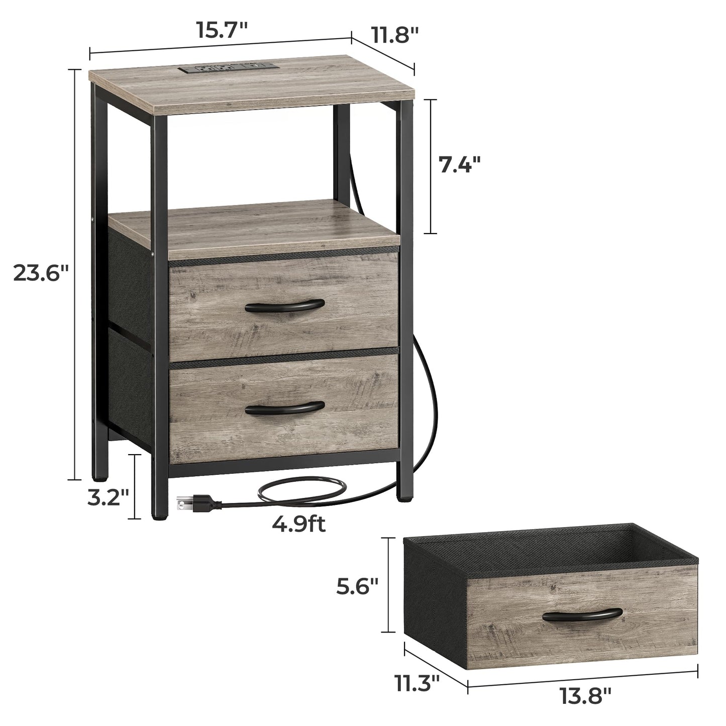 Huuger Nightstand with Charging Station, Fabric Drawers, End Table with Open Shelf, Bedside Table with USB Ports and Outlets, Night Stand for Bedroom, Oak