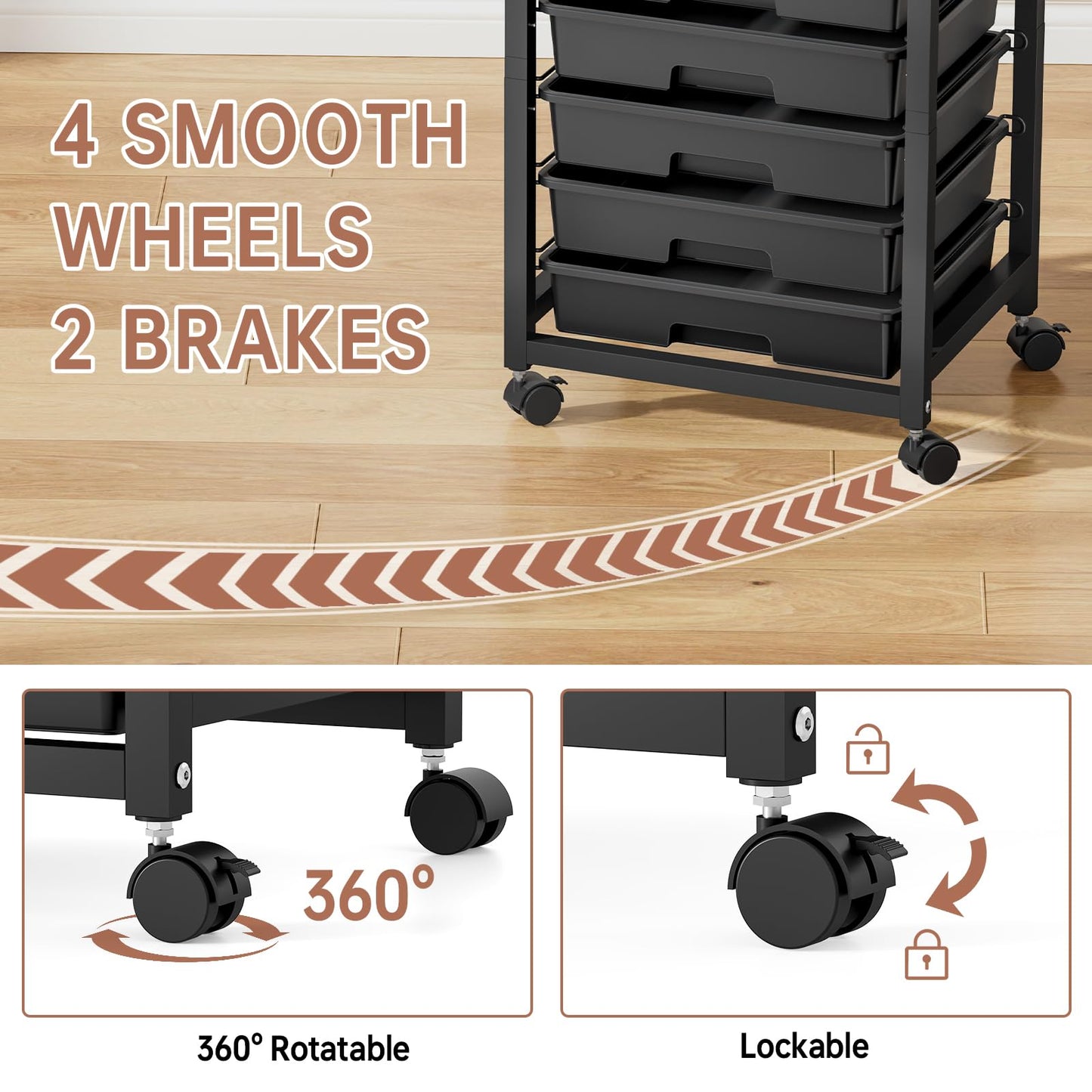 SYKIARIOL Rolling Storage Cart with Drawers,Utility Cart With 8 Drawers and Wooden Tabletop,Rolling Drawer Cart,Storage Drawer Cart for Living Room,Classroom,Bedroom,Bathroom,Dorm,Office, Black