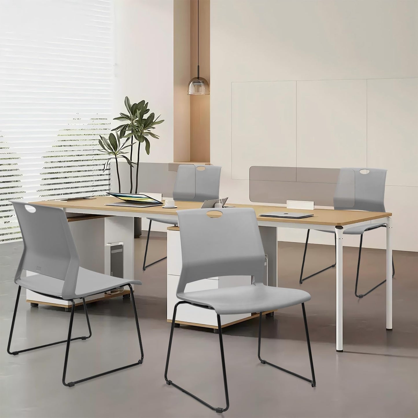 KLASIKA Stackable Guest Reception Chairs, Stacking Office Chair with Ergonomic Lumbar Support & Metal Legs, Plastic Desk Chairs for Conference School Church Waiting Meeting Break Room Set of 4, Gray