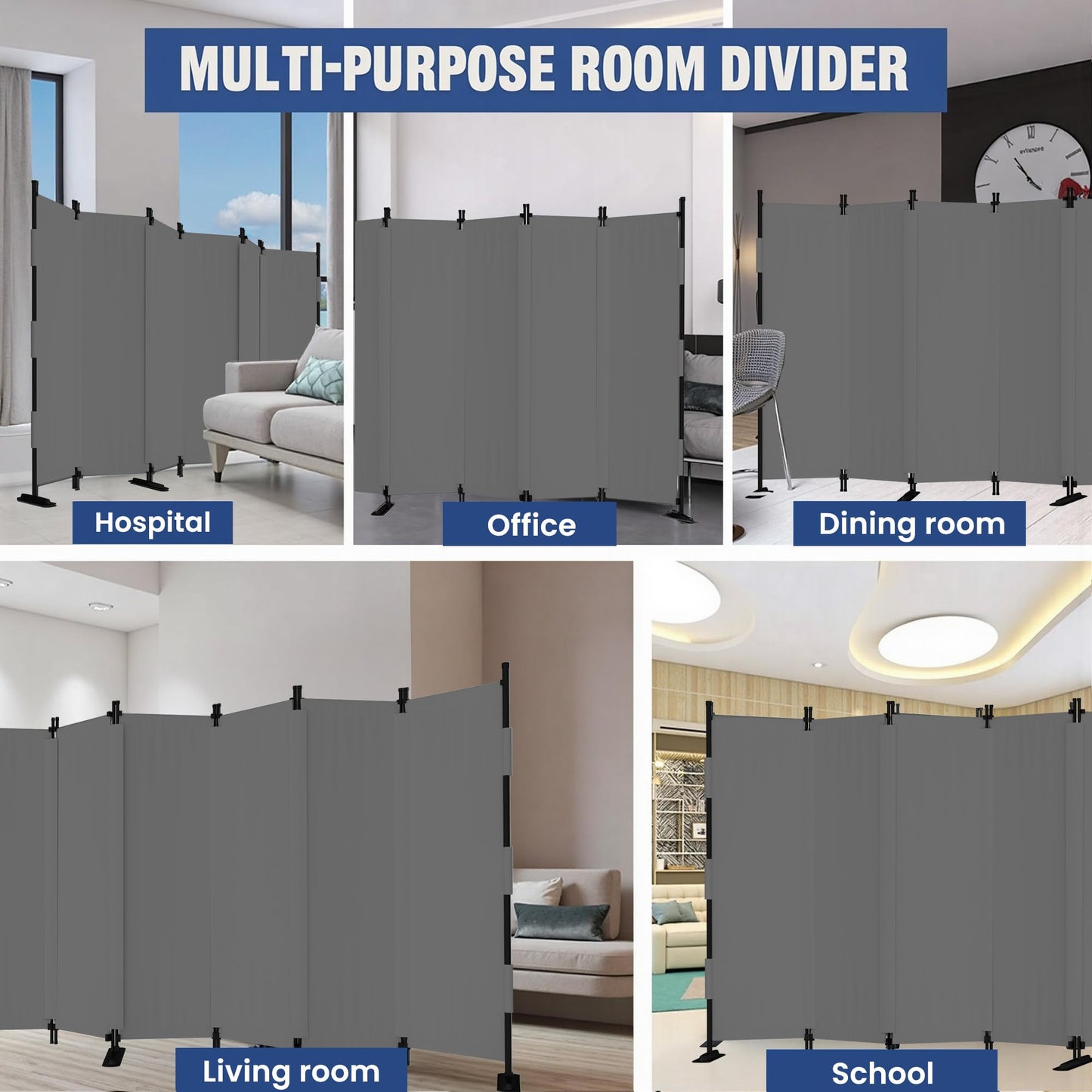 Phonjoroo Room Divider, 6 Panel Upgraded Folding Privacy Screen, 132” Highly Secretive Separation with 4 Metal Feet, Partition Screen, Lightweight Freestanding Wall Divider Bedroom (Grey)
