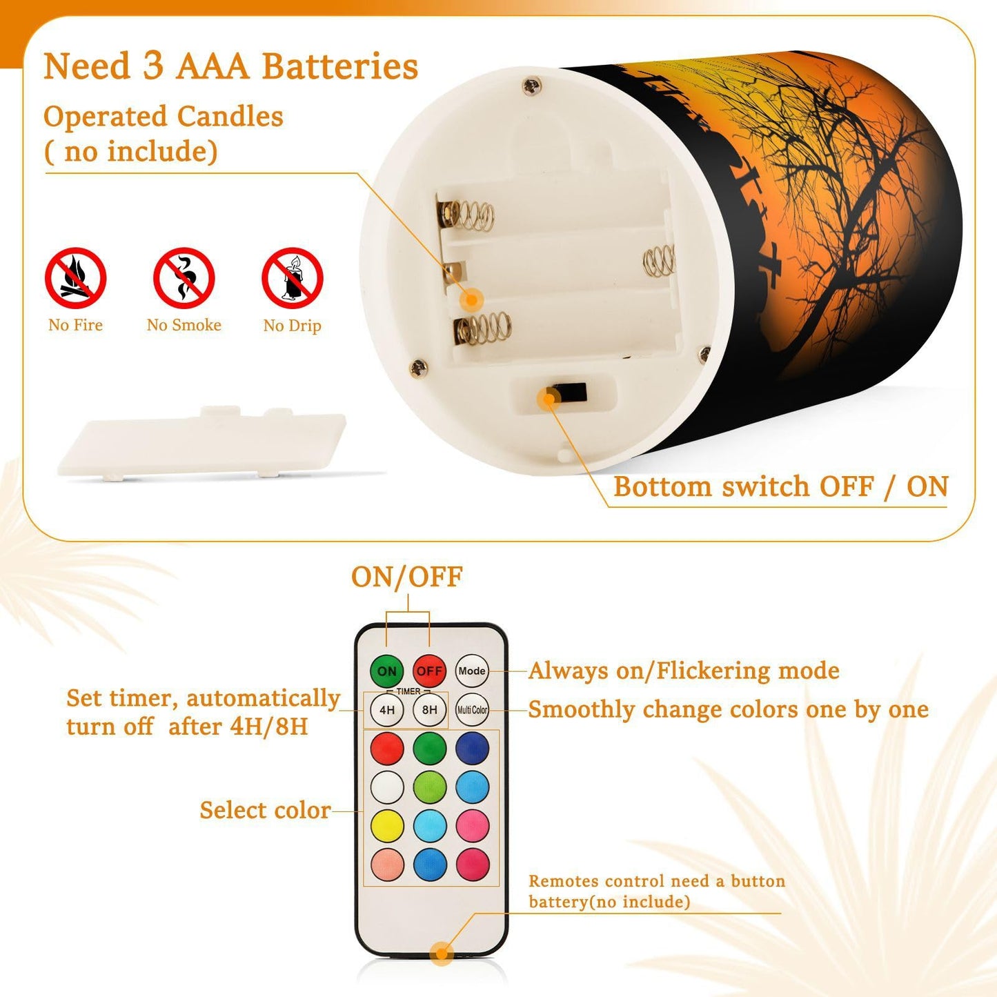 ALAZA Orange Halloween Castle Bat Flickering Flameless Candles Battery Operated with Remote Timer,Tea Light Candles LED Pillar Votive Candles Set of 2 for Outdoor Indoor Decorations 14