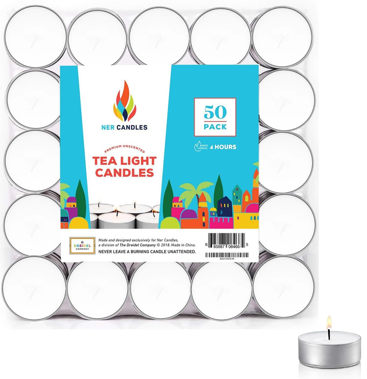 Ner Candles 50-Count Unscented Tea Lights Candle in Bulk, Smokeless, Dripless & Long Lasting 4.5-Hours Small Votive Mini Tealight Candles for Home, Pool, Shabbat, Weddings & Emergencies (Pack of 50)