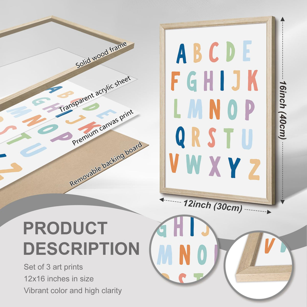 Kids Playroom Wall Art Decor Alphabet Poster Play Room Canvas Wall Decor ABC Nursery Wall Art 123 Toddler Poster Let's Read for Boy Girl Room 12x16 Inch Wood Framed Set of 3