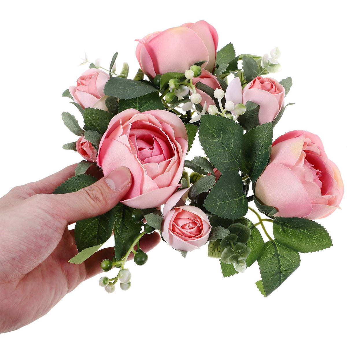 BEBEMOKO Artificial Rose Candle Ring Wreath Floral Table Centerpiece, Light Pink Faux Flower Candle Decor for Wedding, Valentine’s Day Party and Home Decoration