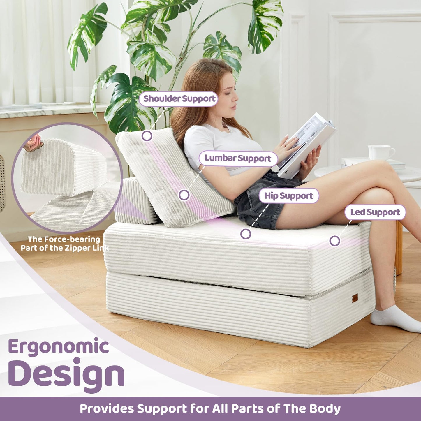 PIASHJOY Folding Sofa Bed Chair, Sleeper Chair for Adults with High-Density Foam and Pillow,Portable 3 in 1Folding Chair Bed for Living Room、Apartment 、Hotel,Single, Creamy Apricot
