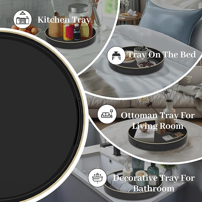 MAONAME Black Decorative Tray for Coffee Table, Modern Round Serving Tray