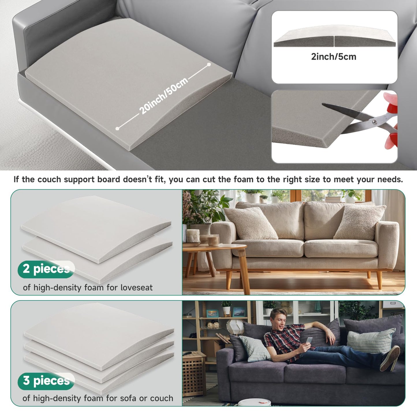 Langierspur Couch Cushions Support for Sagging Seats, Curved 20" x 20" High-Density Foam Support Board for Under Cushions, Firm Sofa Seat Repair Insert for Sectionals, Loveseats & Chairs, Grey 2pcs