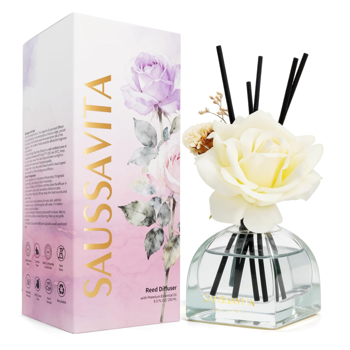 Reed Diffusers Set Flower Scented Diffuser for 140 Days, Flower Diffuser 8.5 fl oz with Dried Flowers and Decorative Rose, Long Lasting Home Fragrance with 10 Sticks for Bathroom, Shelf, Office Decor