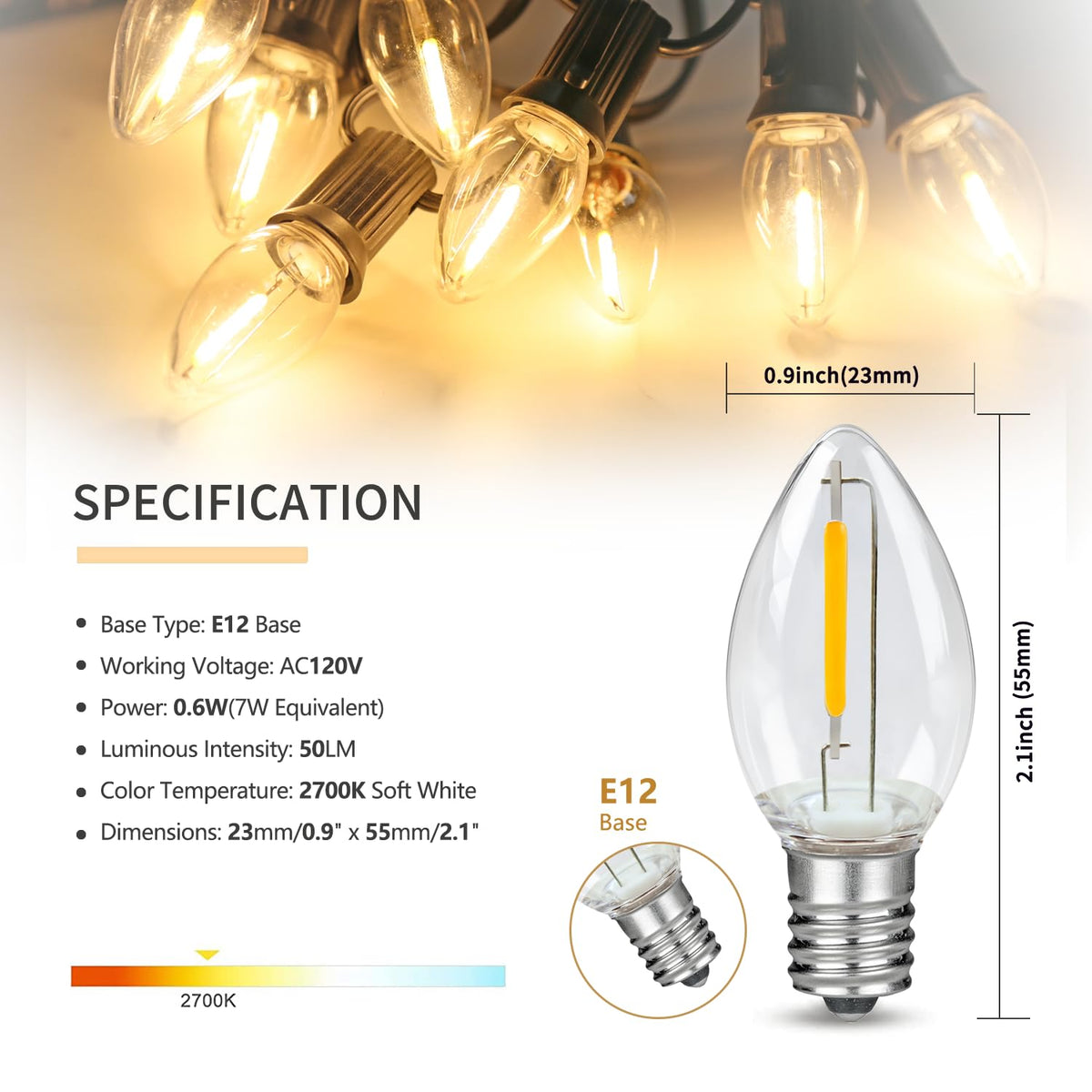2 Pack Accessory Cord with 2 C7 Led Light Bulb Candelabra-Base E12 Socket White Cord with On/Off Switch Plugs for Holiday Decorations Christmas Village House