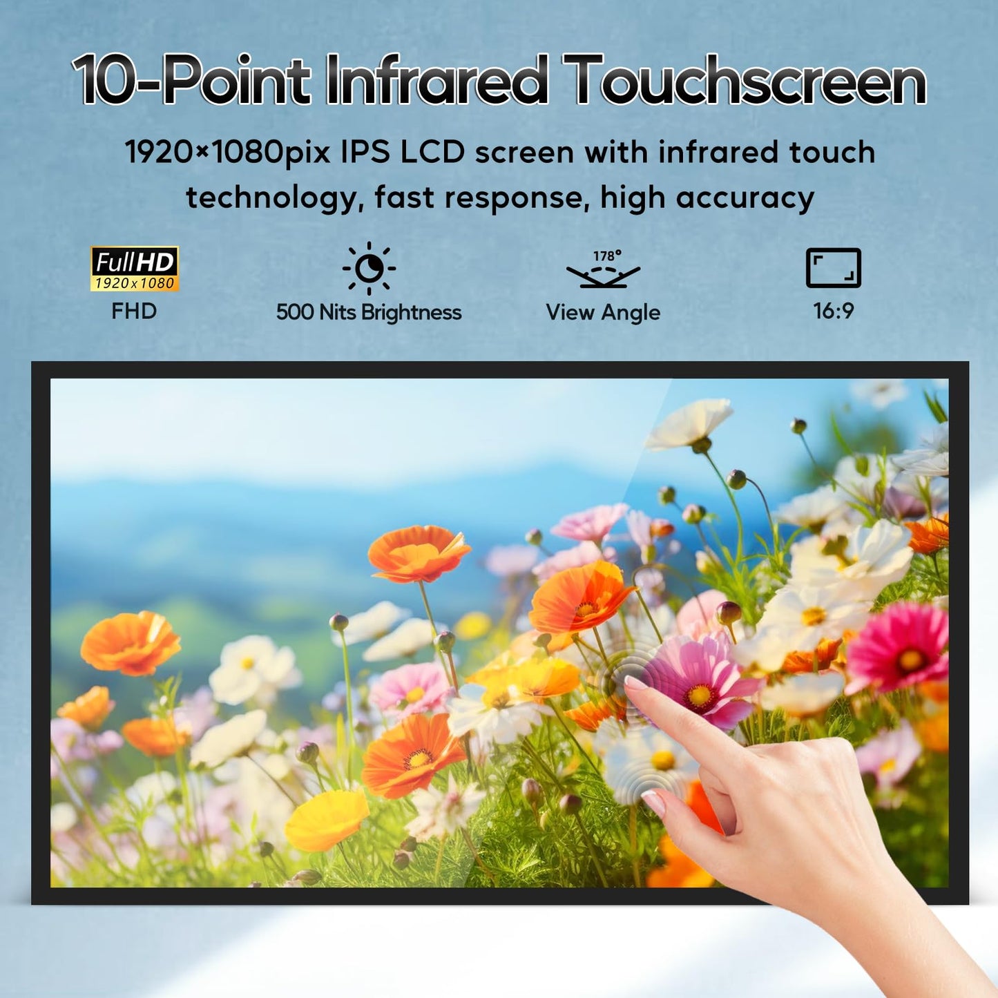 PWR4GTR 21.5" Capacitive Touchscreen Industrial Monitor, Indoor Digital Signage Display for Advertising, Reverse Control Laptop, Wireless Screen Mirroring, Built-in Speakers, USB, HDMI Ports