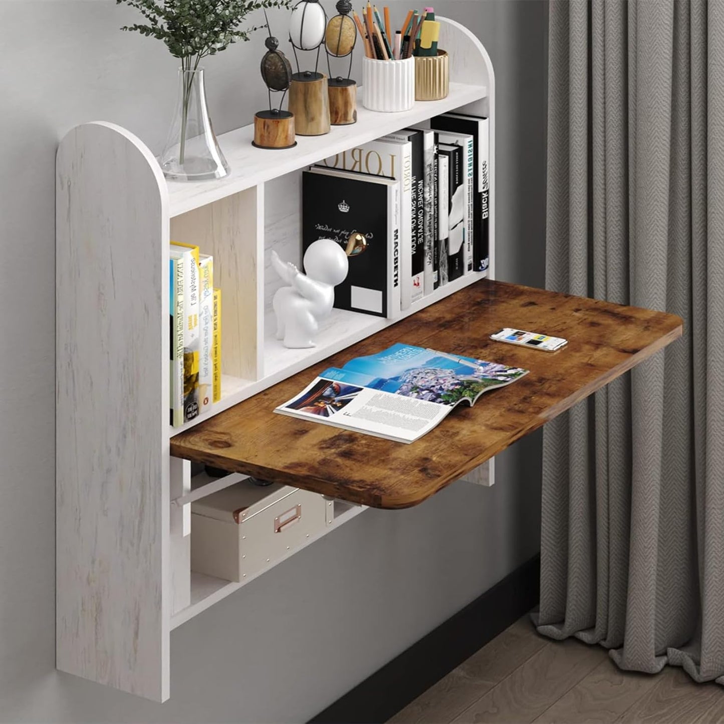 TuckTect Wall Mounted Drop-Leaf Table, Floating Laptop Desk, Folding Table with Shelves, Multifunctional Computer Workstation with Storage Compartments in Home Office for Space Saving (Grayish White)