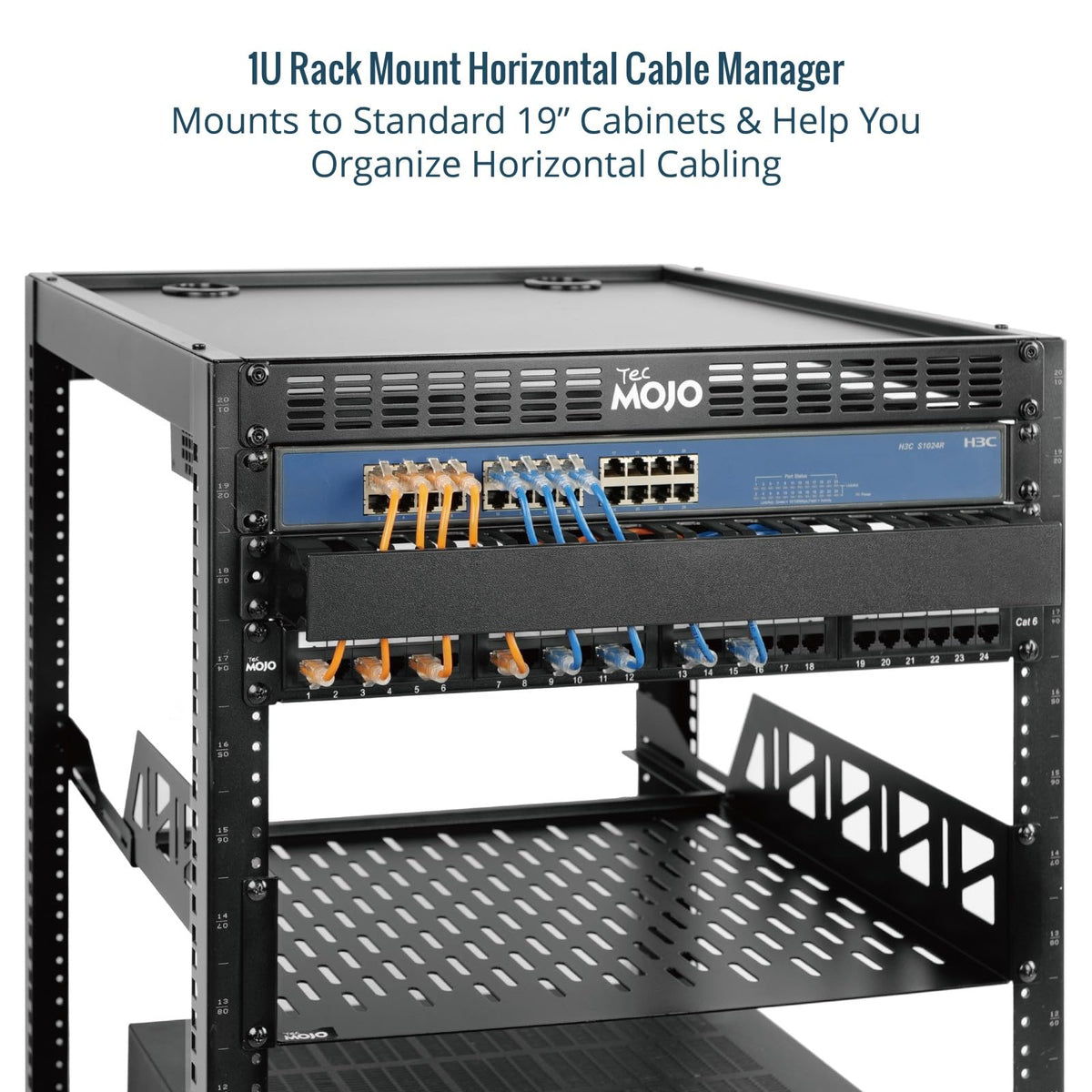 Tecmojo 2 Pack 1U Server Rack Horizontal Cable Management with Cover,2.6“ Depth Plastic Cable Manager,Rack Mount 12 Slots Wire Duct Organizer,for 19 inch AV/IT/Data/Audio and Network Cabinet