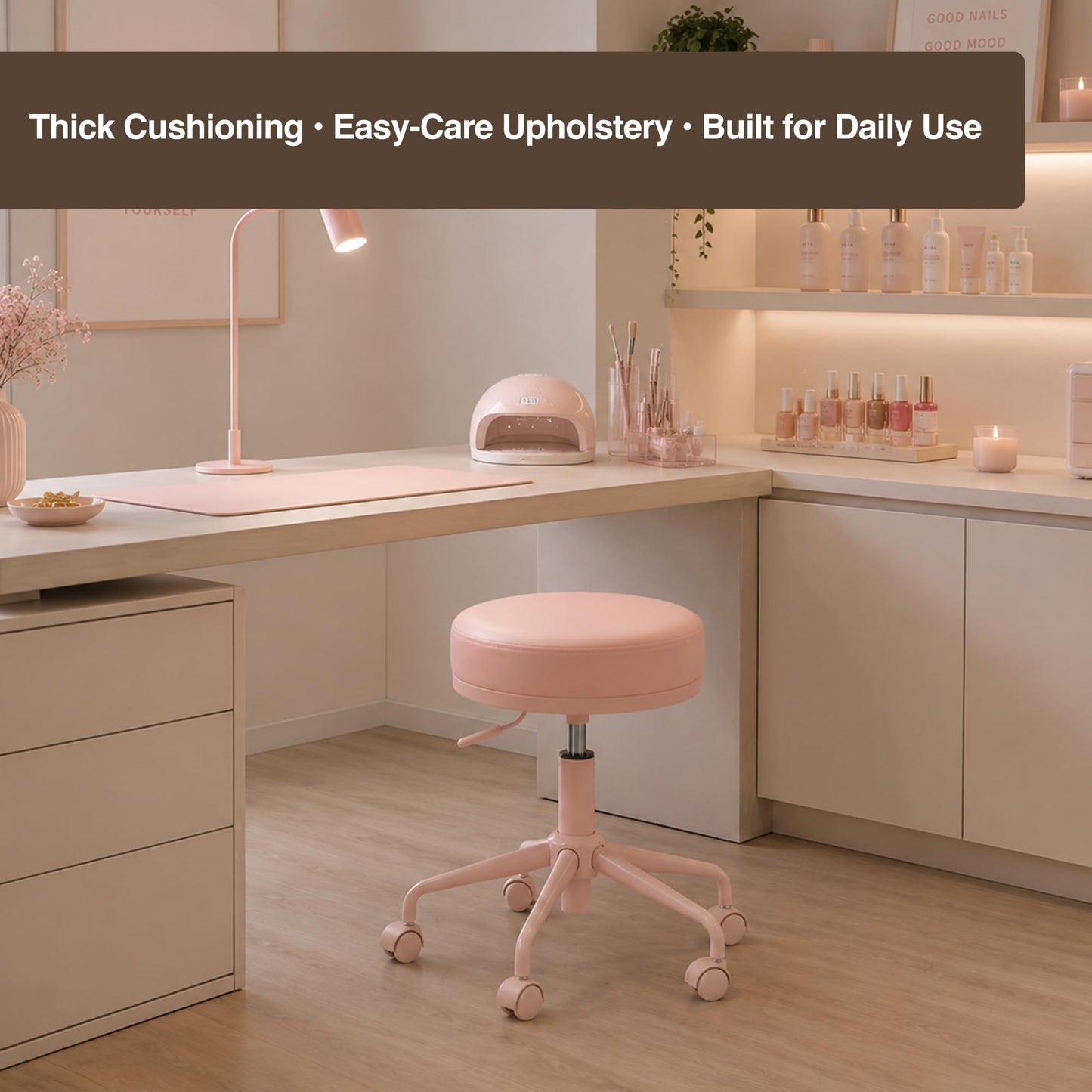 DR.LOMILOMI Adjustable Height Hydraulic Rolling Swivel Stool Chair with Metal Base and Faux Leather Cushion for Salon, Medical, Office and Home, 503 Kai Series - Round Seat, Pink