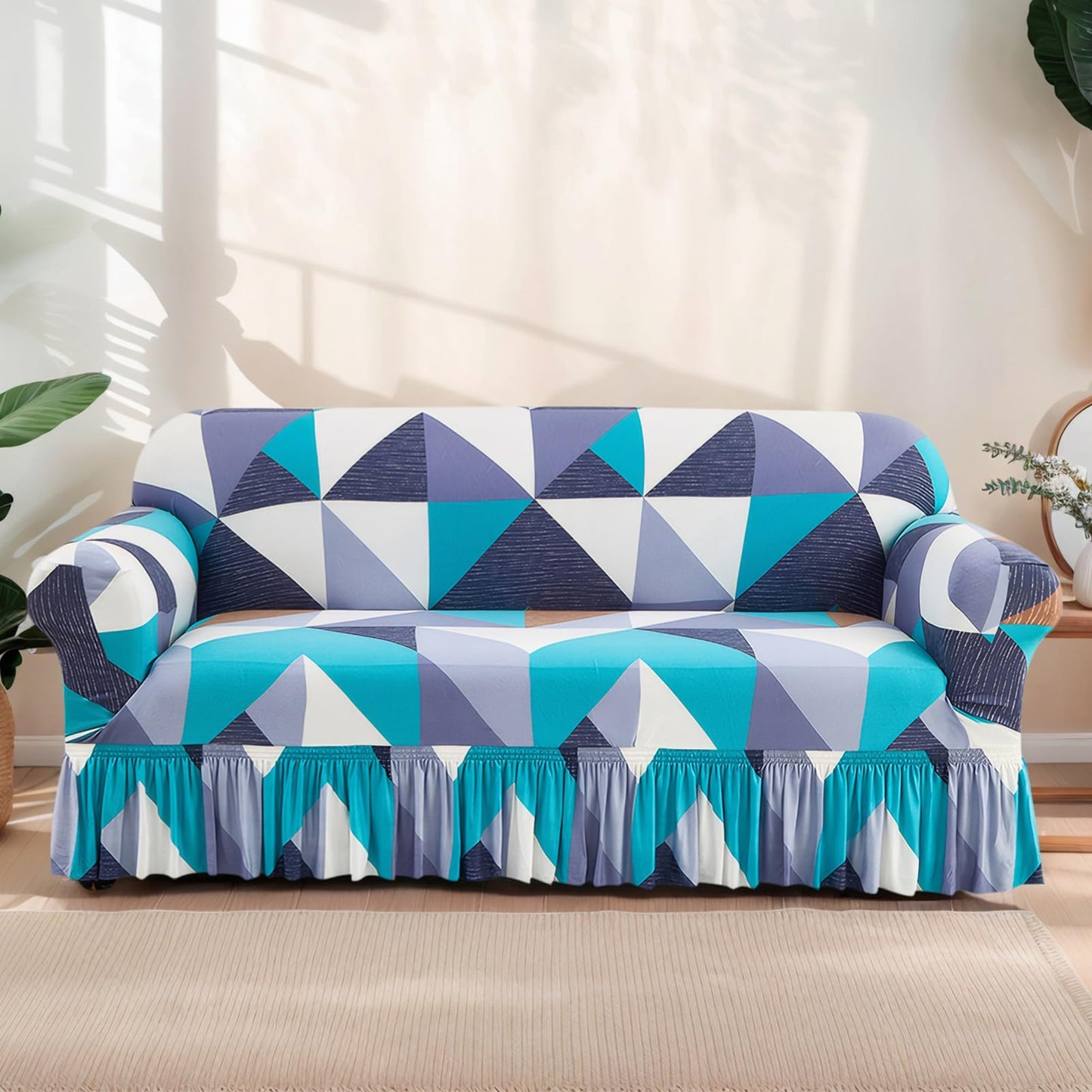 Ausing Printed Sofa Cover with Skirt Easy Fitted Armchair Slipcover Stretch Non-Slip Single Couch Cover Washable Universal Furniture Protector Blue Geometric(35”-55”)