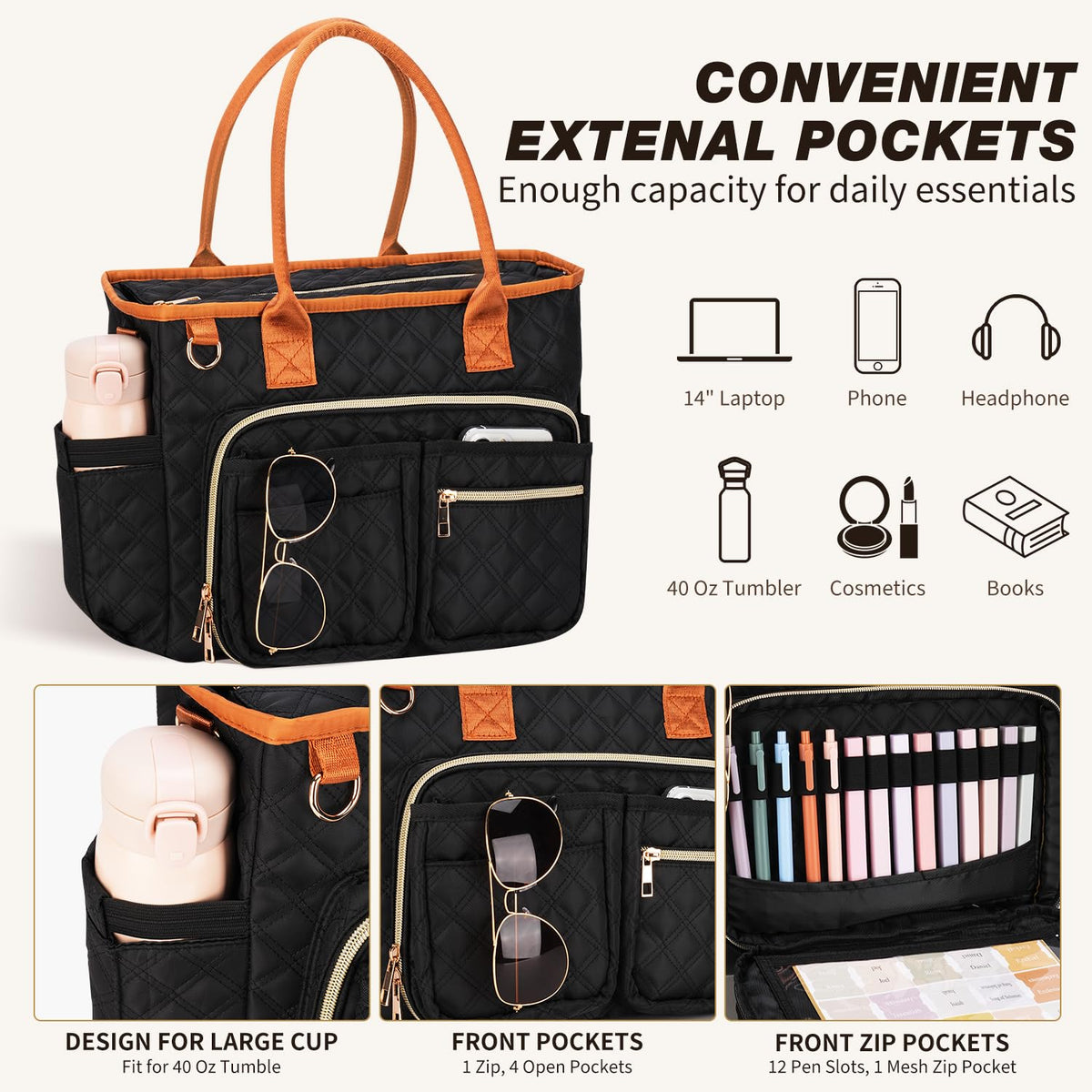 KOPKOFT Large Bible Cover Case for Women, Quilted Church Tote Bag with Shoulder Strap, Bible Study Supplies Journaling Kit Bible Accessories, Christmas Christian Gift for Women (Black)