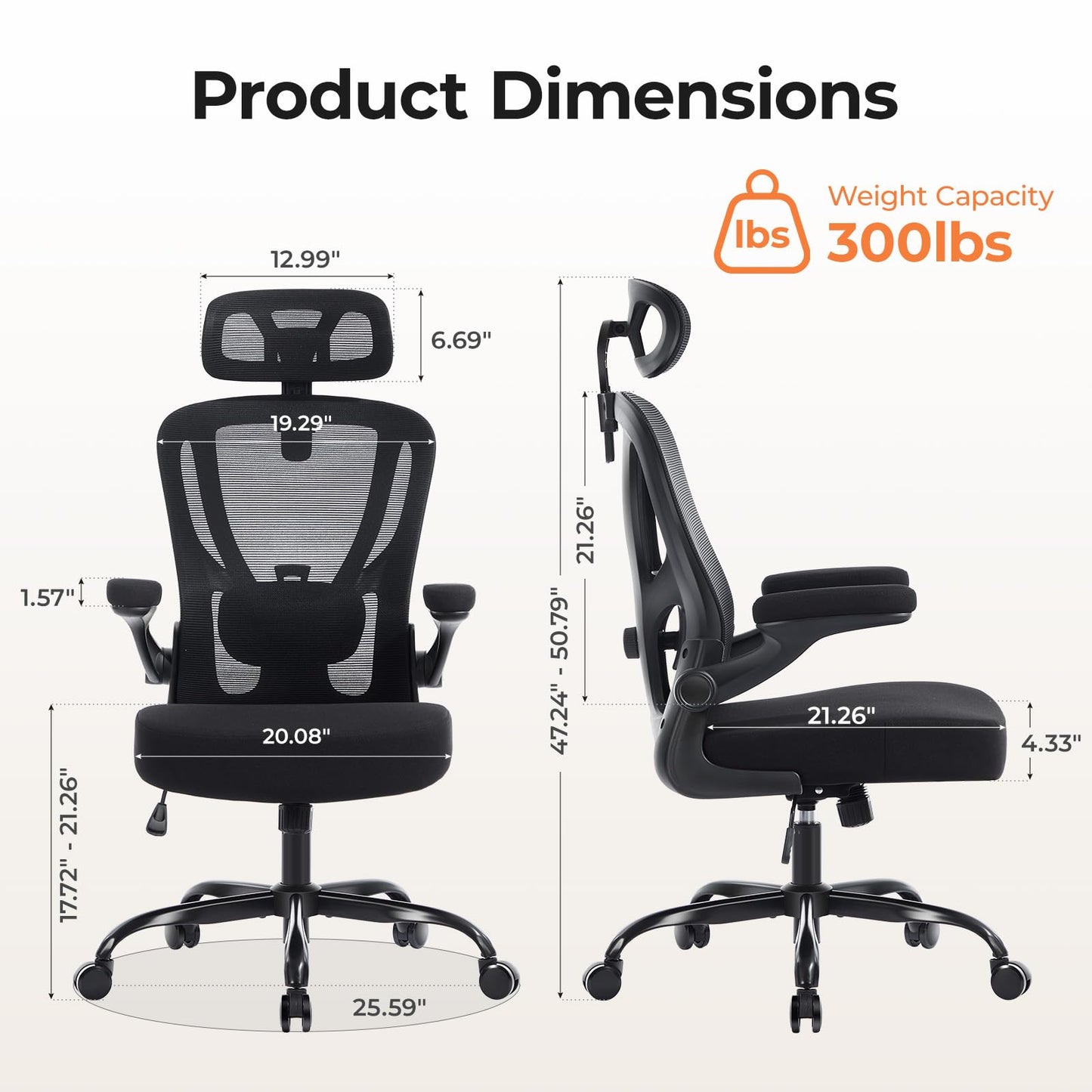 shipborne Office Chair Ergonomic Office Chair with Lumbar Support, Head Support, Rocking Function, FILP-up Armrests, Mesh High Back Chair Home Office Desk Chair, Suitable for Home, Office, Black