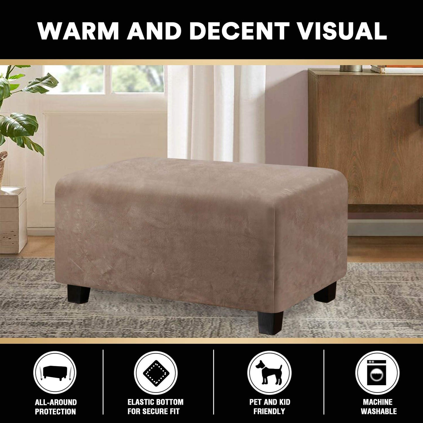 PrinceDeco Real Velvet Plush Ottoman Cover Soft Rectangle Folding Storage Covers Furniture Protector Removable Footstool Protect Footrest Covers Elastic Bottom(Large, Taupe)