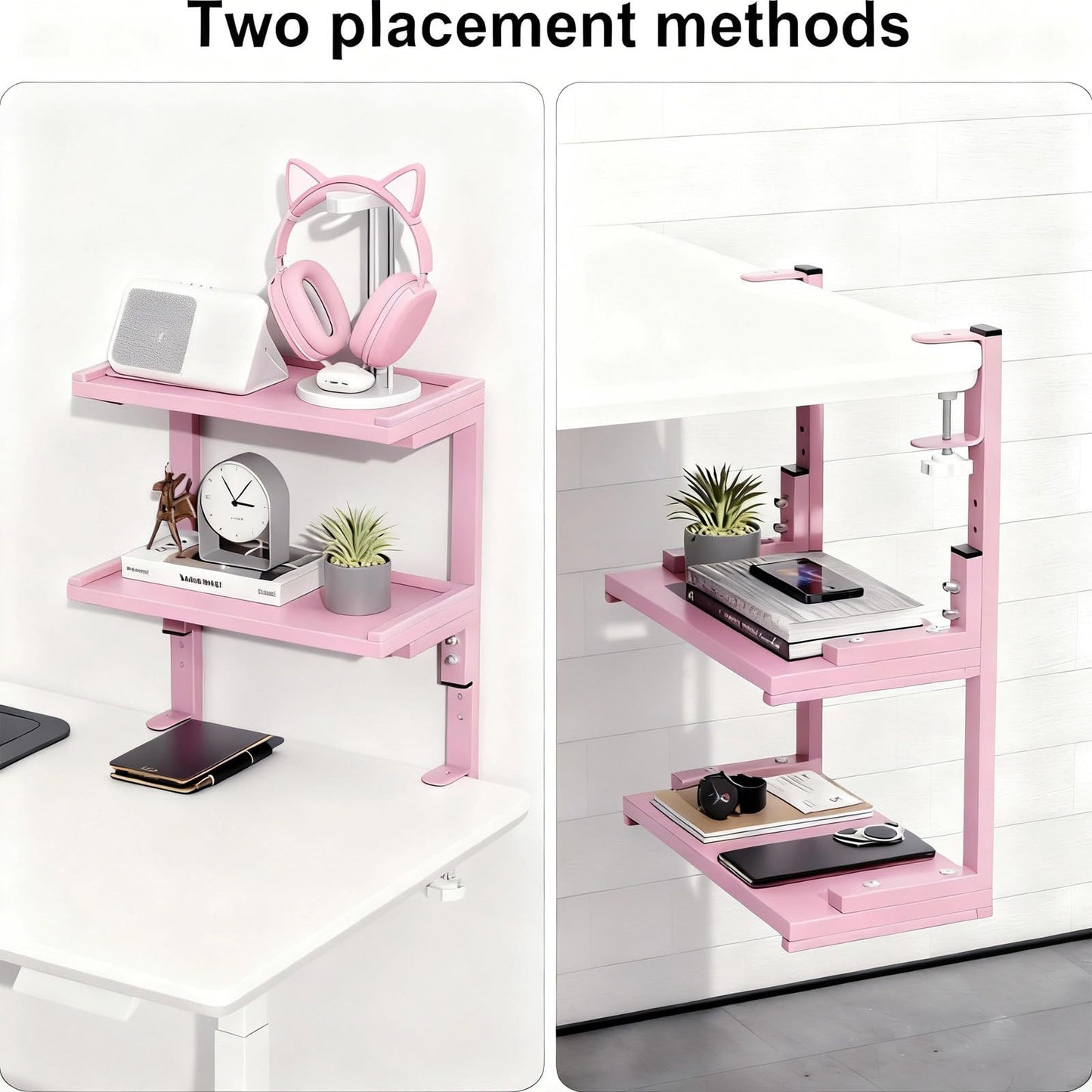 OUTIOE 2-Tier Desk Shelf, Expandable Under Desk Storage, Clamp on Desk Shelf, Desktop Accessories for Offices, Study Rooms, and Game Rooms (Pink)