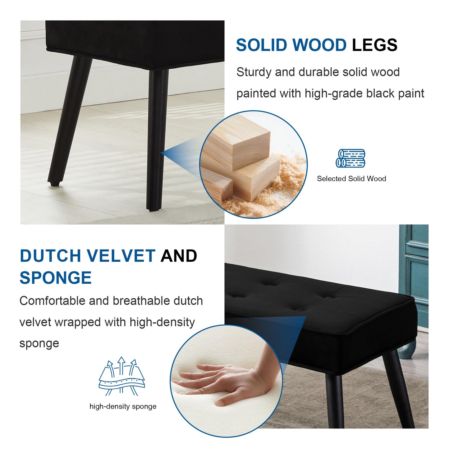 UDAX 40'' Upholstered Bench, Entryway Ottoman with Wooden Legs for Living Room, End of Bed Bench