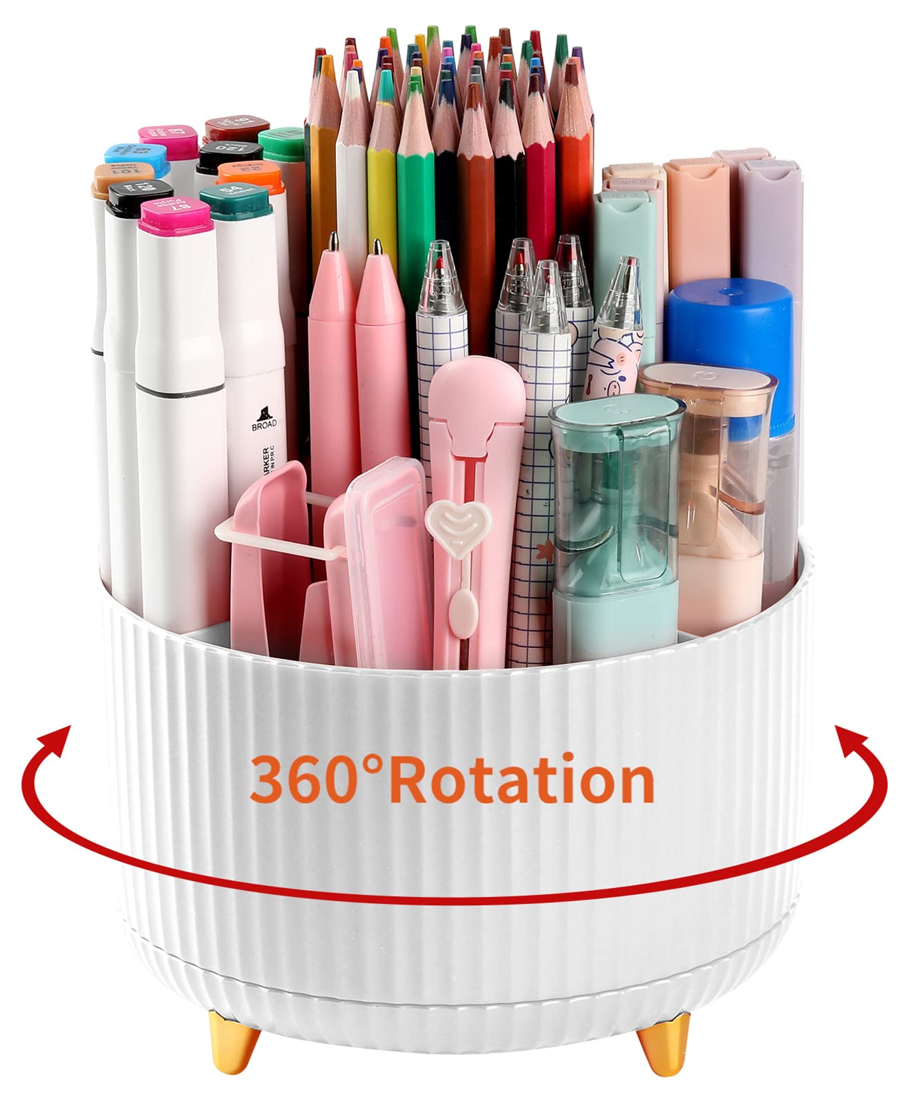 EDENMS Desk Pencil Pen Holder, 5 Slots 360°Degree Rotating Pen Organizers for Desk, Desktop Storage Stationery Supplies Organizer, Cute Pencil Cup Pot for Office, School, Home, Art Supply, White